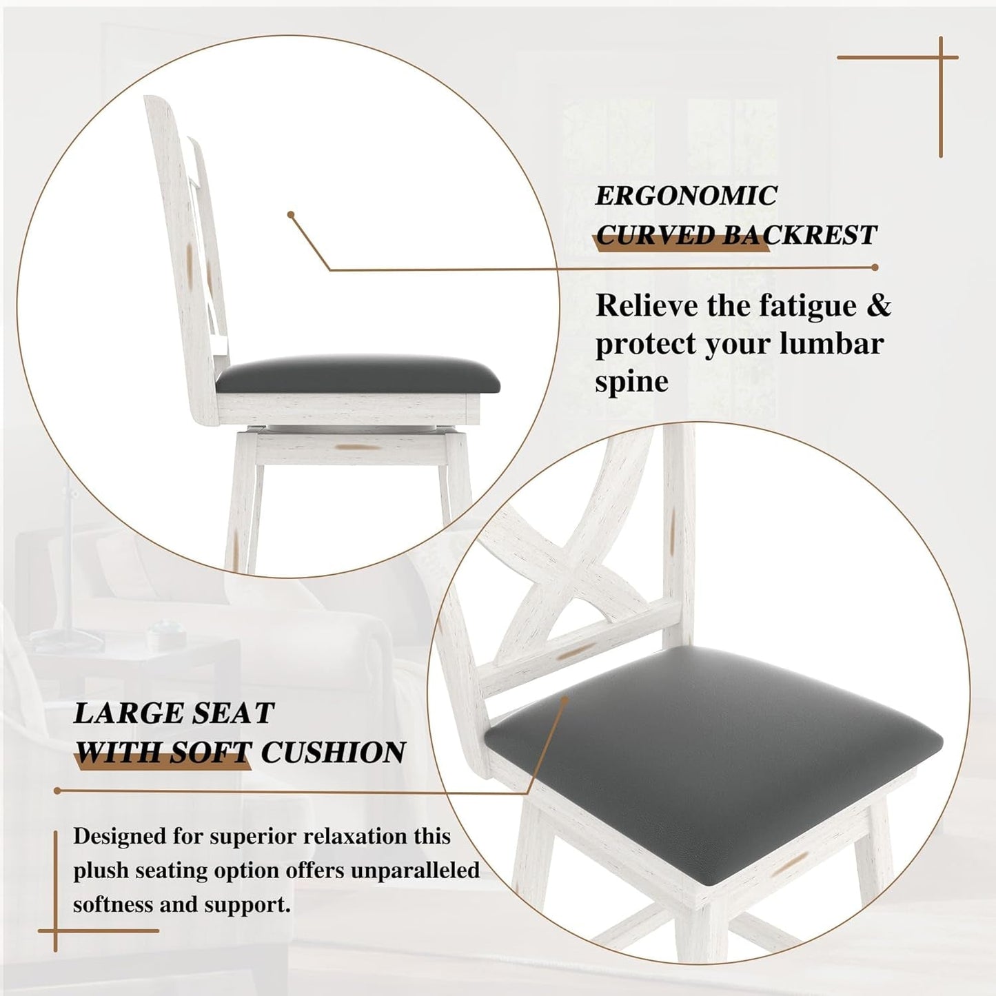 29" Swivel Bar Height Stools, High Back Swivel Bar Stools with Grey Faux Leather Upholstered Seat & Solid Wood Footrest, Counter Bar Chairs for Kitchen Island & Pub (Antique White, Set of 2)-4