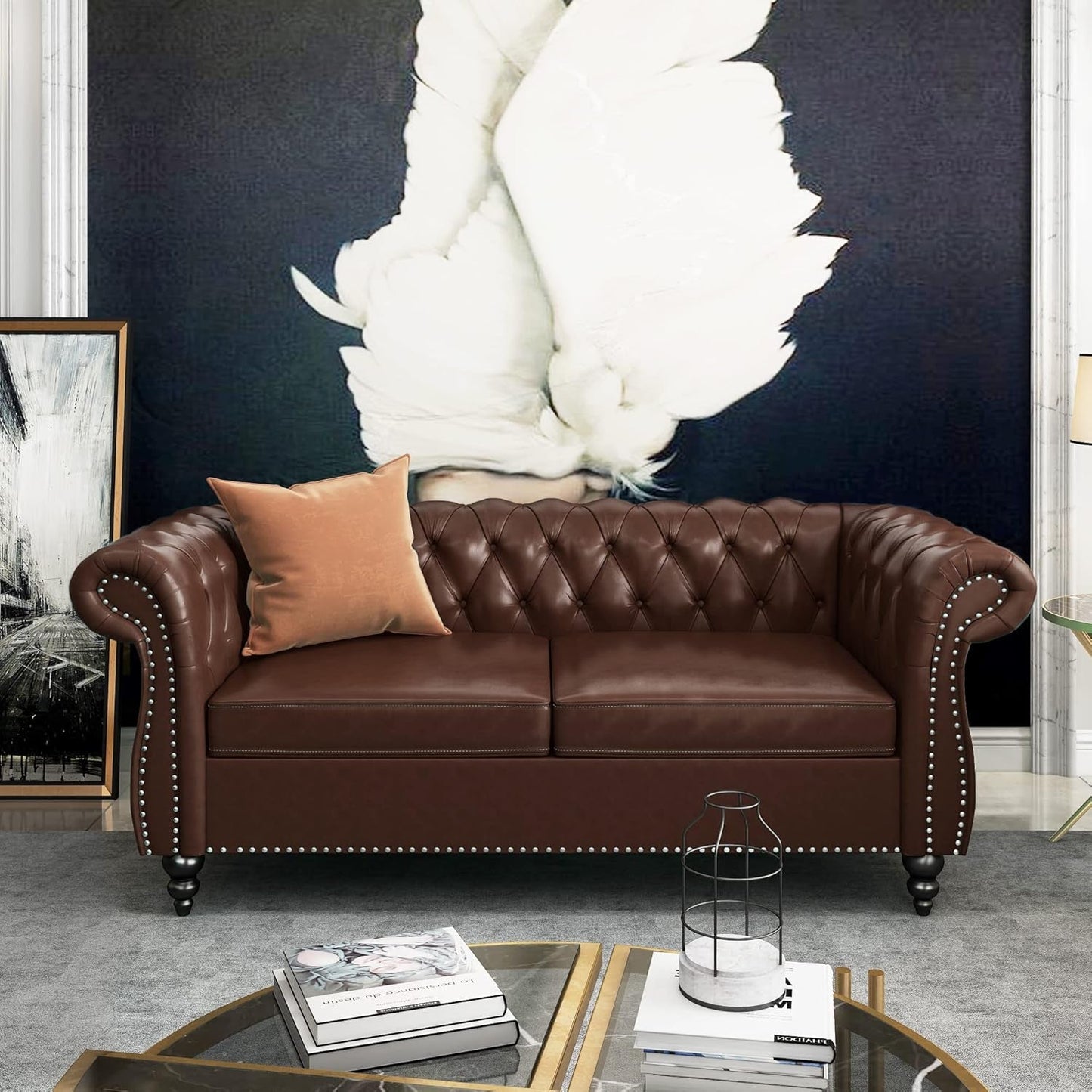 3 Piece Living Room Set, Chesterfield Leather Sofa Loveseat Couch Chair with Scroll Arms and Nailhead for Living Room, Office (Dark Brown)-3