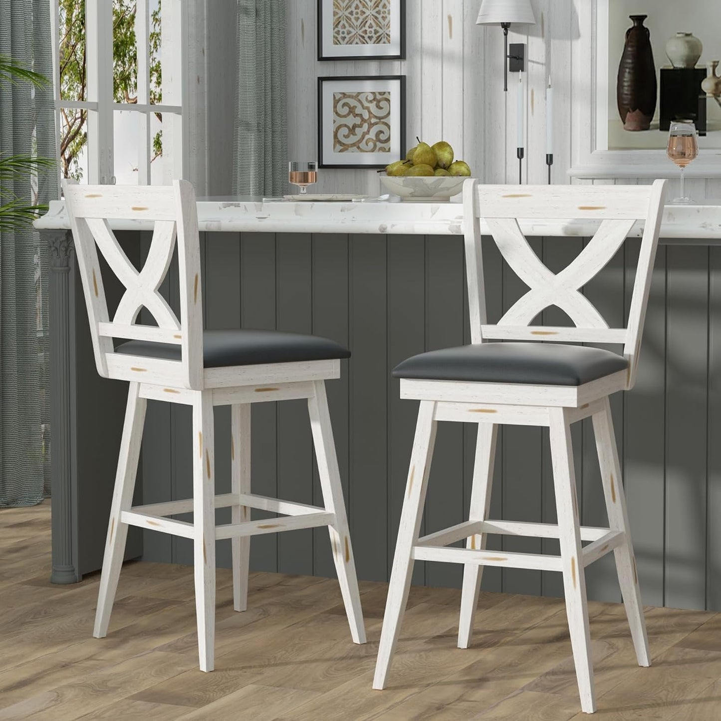 29" Swivel Bar Height Stools, High Back Swivel Bar Stools with Grey Faux Leather Upholstered Seat & Solid Wood Footrest, Counter Bar Chairs for Kitchen Island & Pub (Antique White, Set of 2)-0