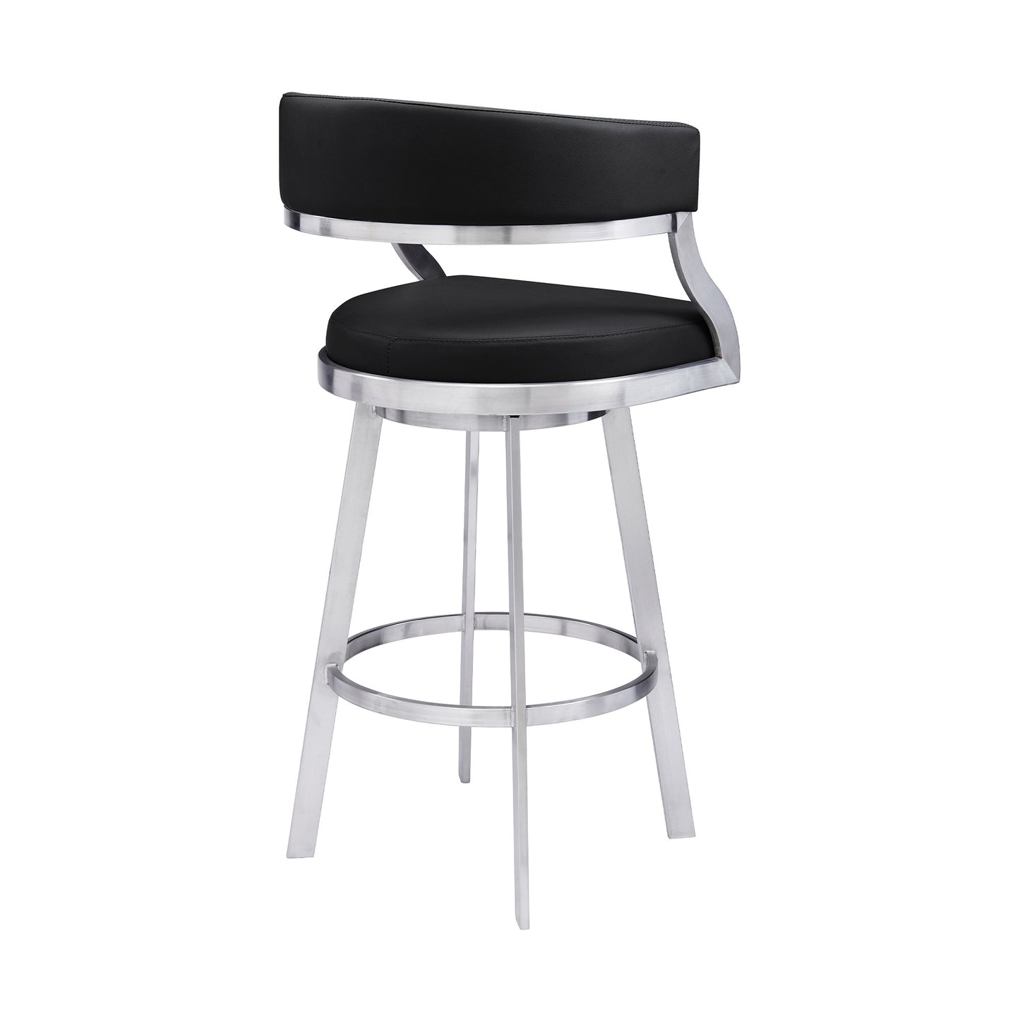 30" Black And Silver Faux Leather And Iron Swivel Low Back Bar Height Bar Chair-3