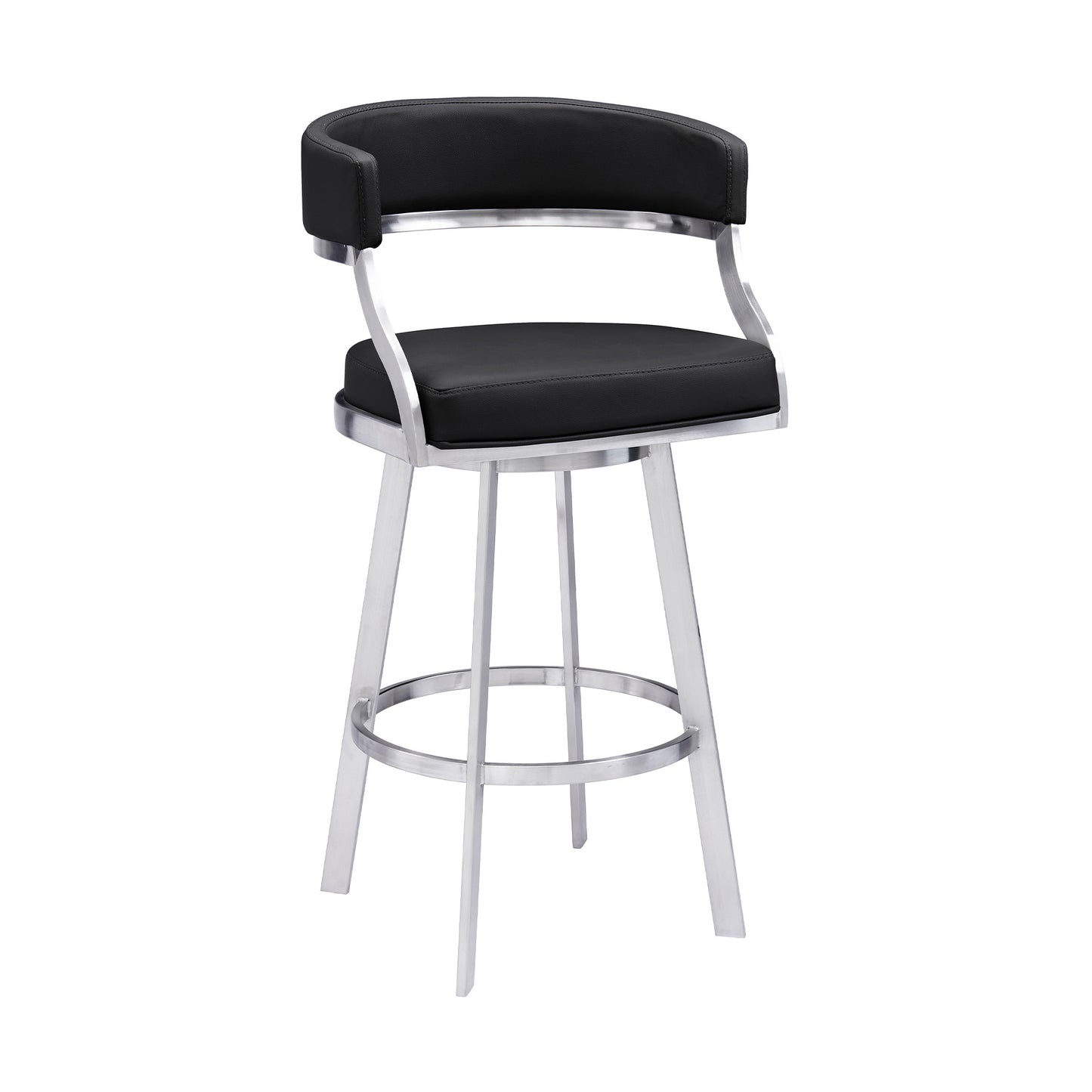 30" Black And Silver Faux Leather And Iron Swivel Low Back Bar Height Bar Chair-0