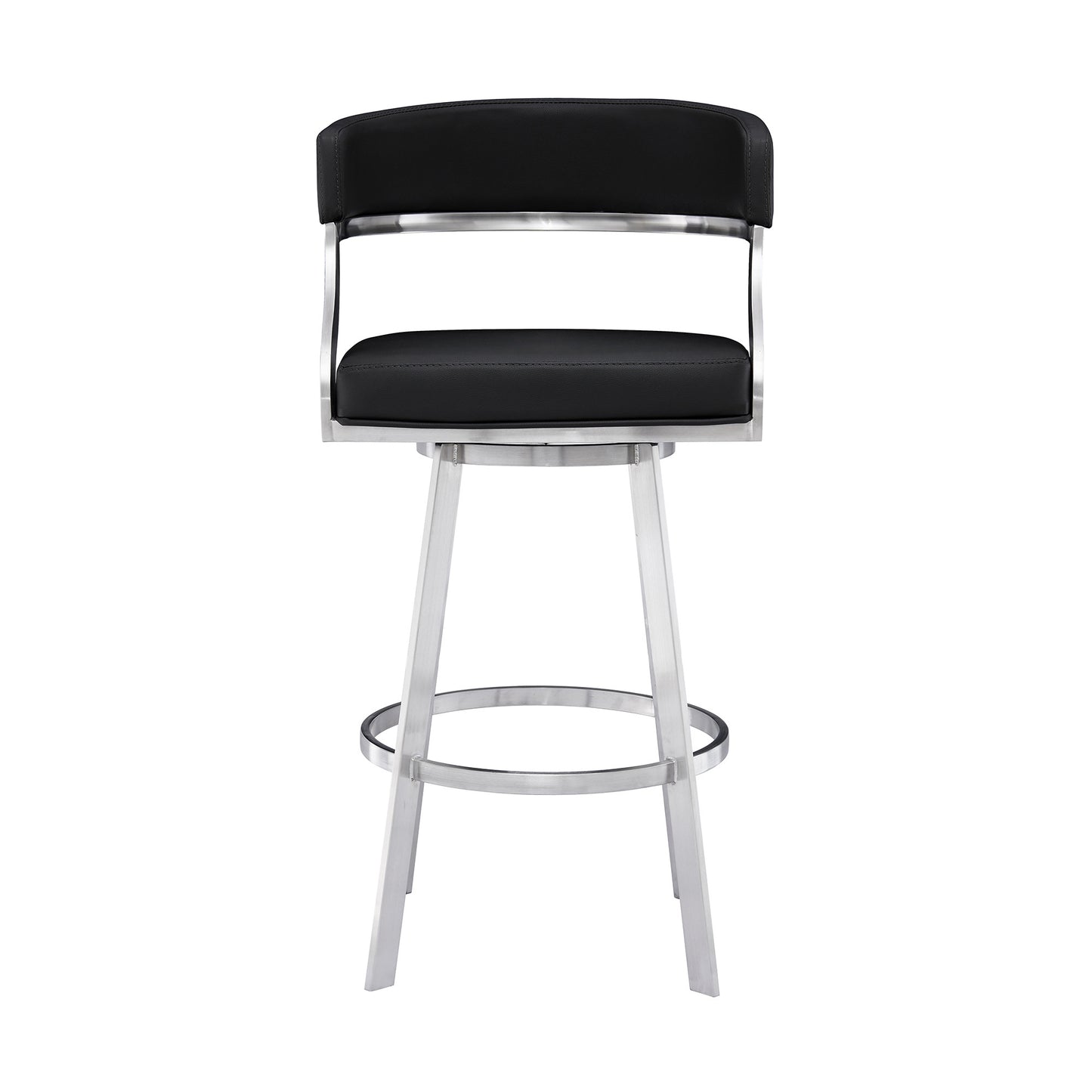 30" Black And Silver Faux Leather And Iron Swivel Low Back Bar Height Bar Chair-2