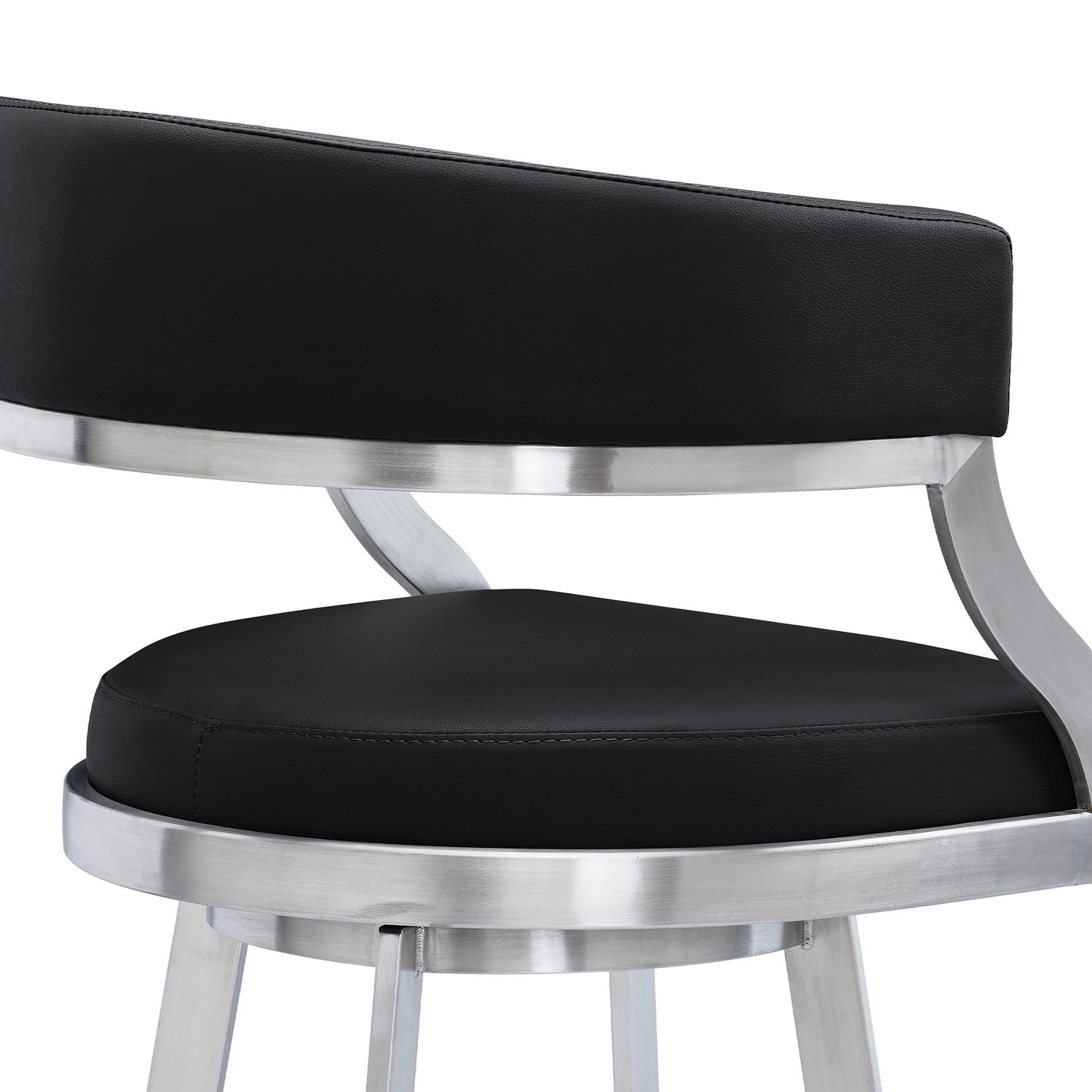 30" Black And Silver Faux Leather And Iron Swivel Low Back Bar Height Bar Chair-5