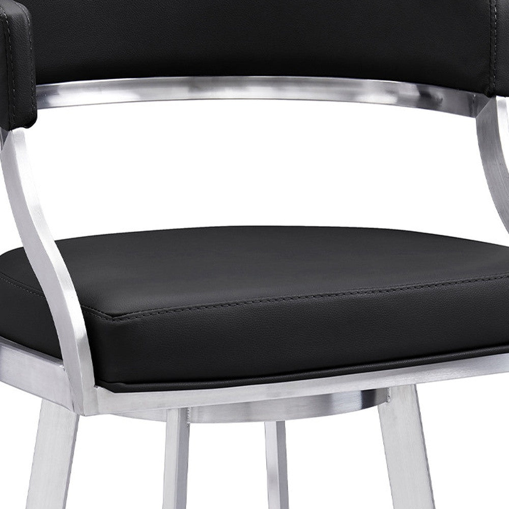 30" Black And Silver Faux Leather And Iron Swivel Low Back Bar Height Bar Chair-7