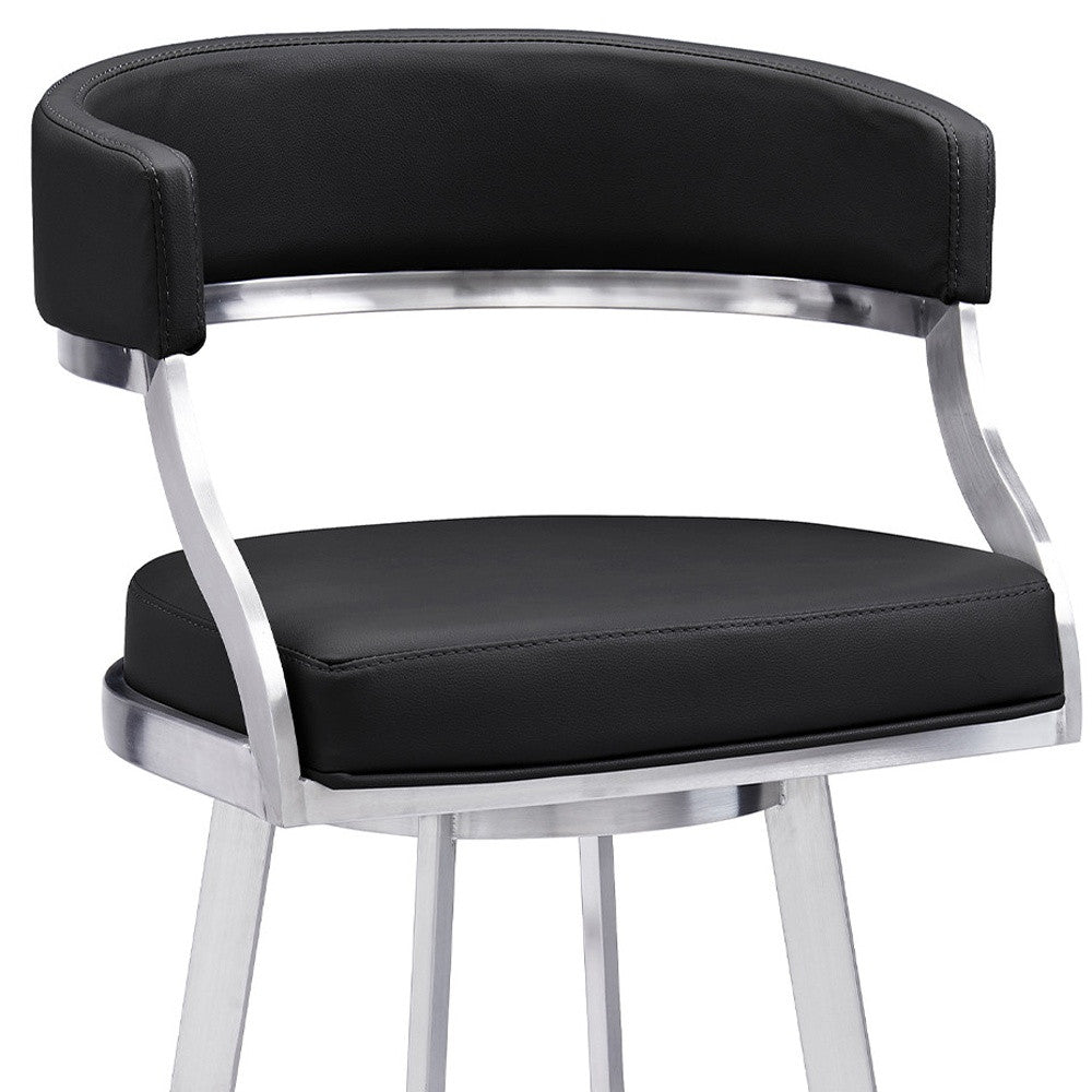 30" Black And Silver Faux Leather And Iron Swivel Low Back Bar Height Bar Chair-8