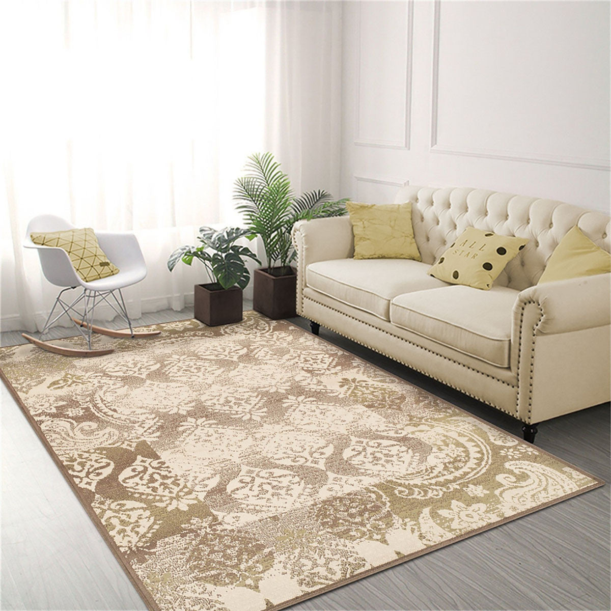 5' X 8' Brown Damask Power Loom Distressed Stain Resistant Area Rug-6