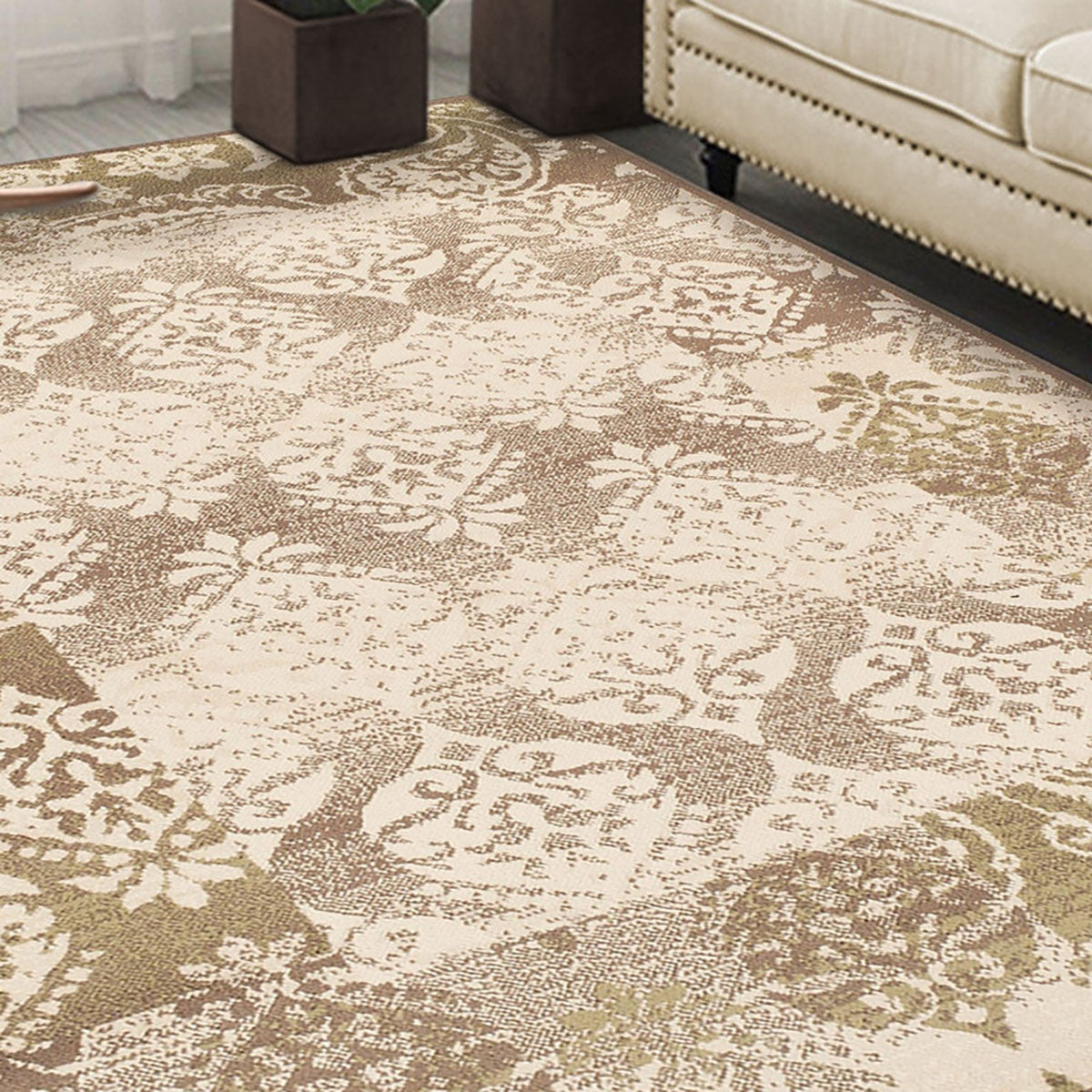 5' X 8' Brown Damask Power Loom Distressed Stain Resistant Area Rug-3