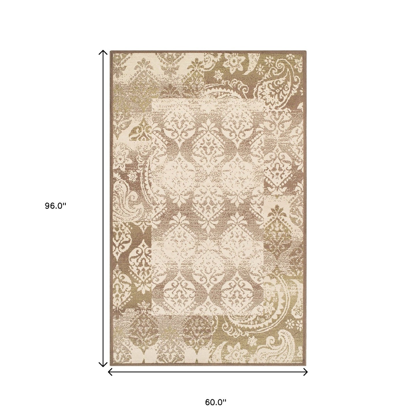 5' X 8' Brown Damask Power Loom Distressed Stain Resistant Area Rug-2