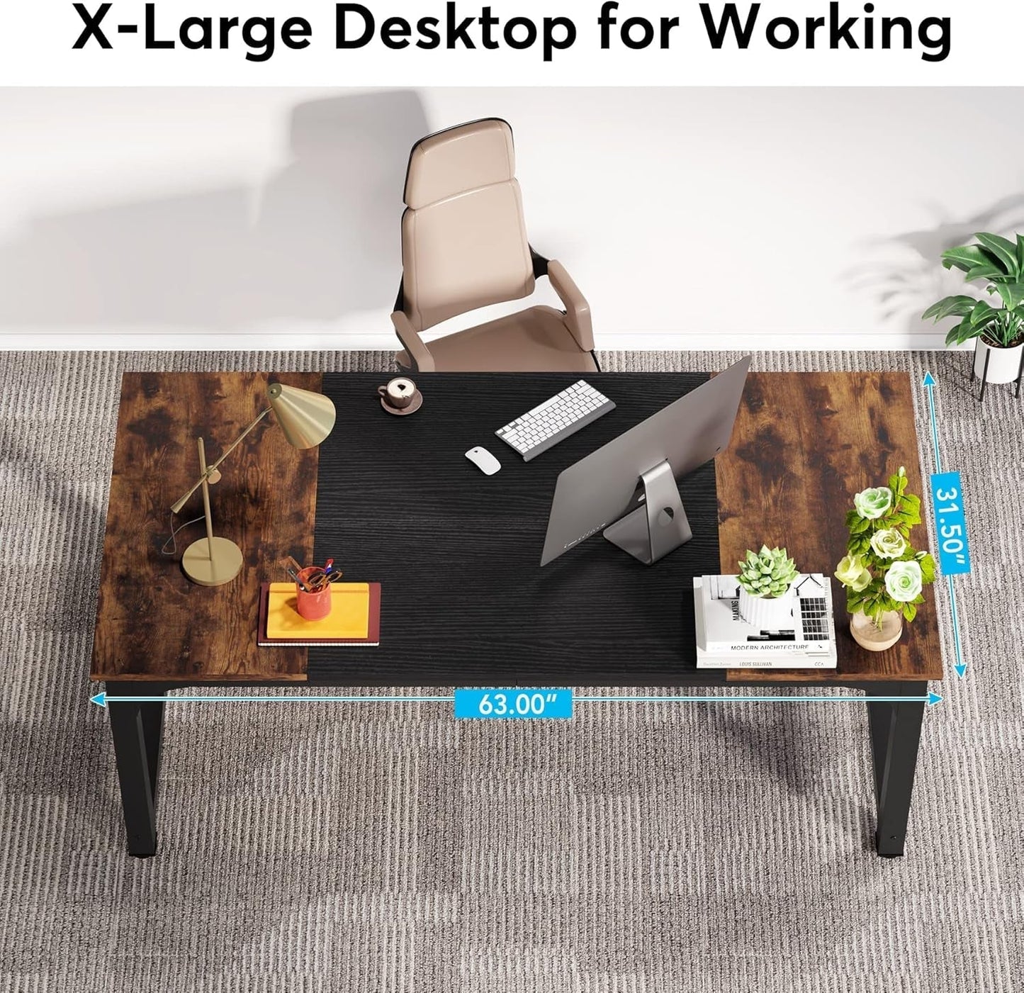 63 Inch Large Executive Computer Office Desk, Brown+Black-2