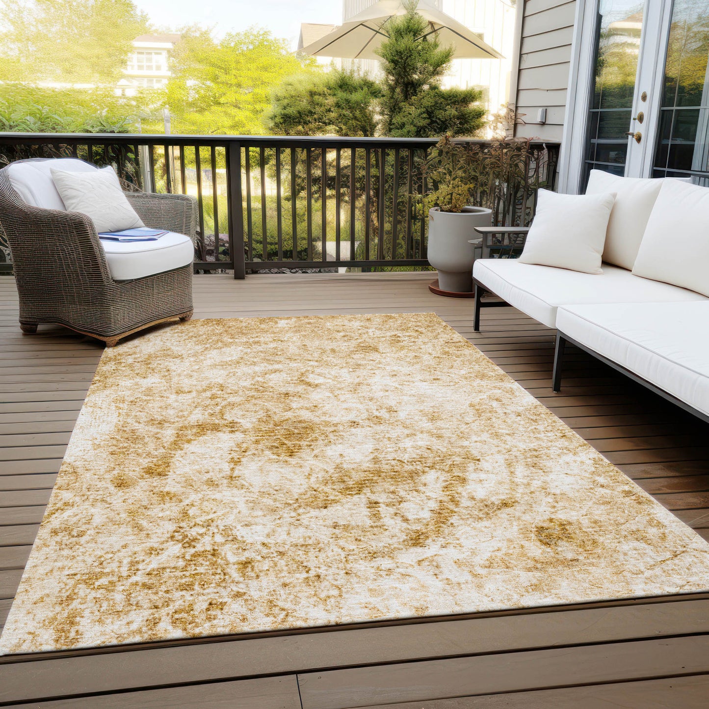 5' X 8' Cream and Gold Abstract Washable Non Skid Indoor Outdoor Area Rug-7
