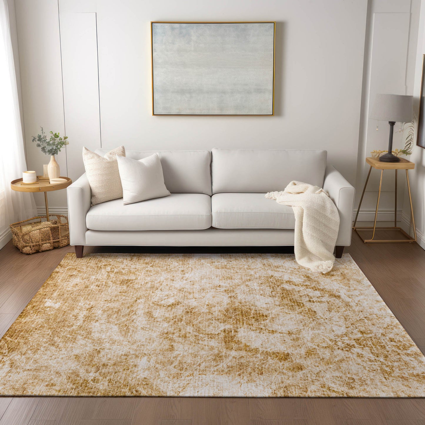 5' X 8' Cream and Gold Abstract Washable Non Skid Indoor Outdoor Area Rug-8