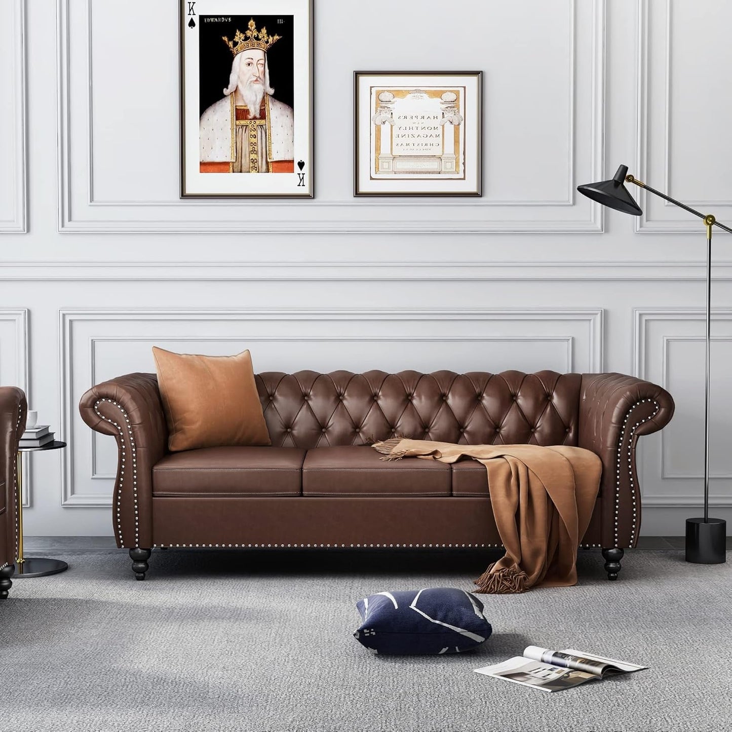3 Piece Living Room Set, Chesterfield Leather Sofa Loveseat Couch Chair with Scroll Arms and Nailhead for Living Room, Office (Dark Brown)-2
