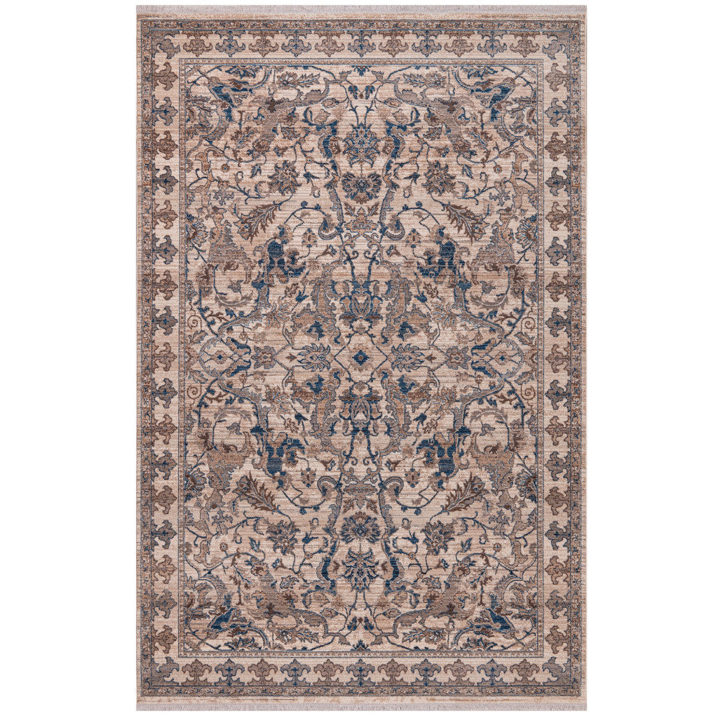 7' X 10' Tan And Blue Oriental Area Rug With Fringe-1