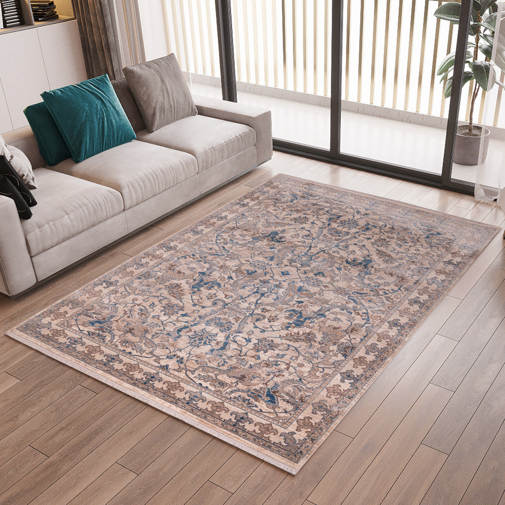 7' X 10' Tan And Blue Oriental Area Rug With Fringe-8