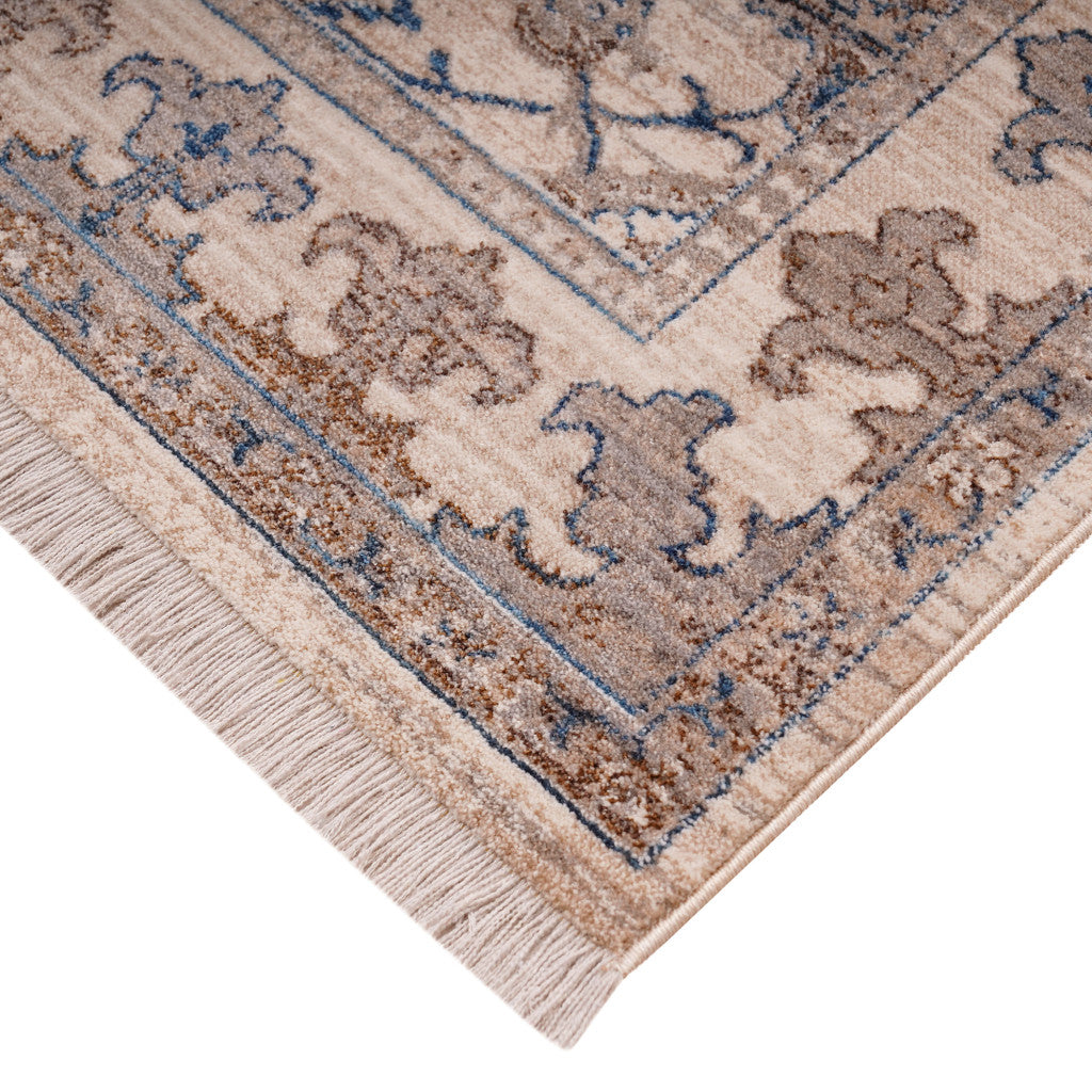 7' X 10' Tan And Blue Oriental Area Rug With Fringe-7
