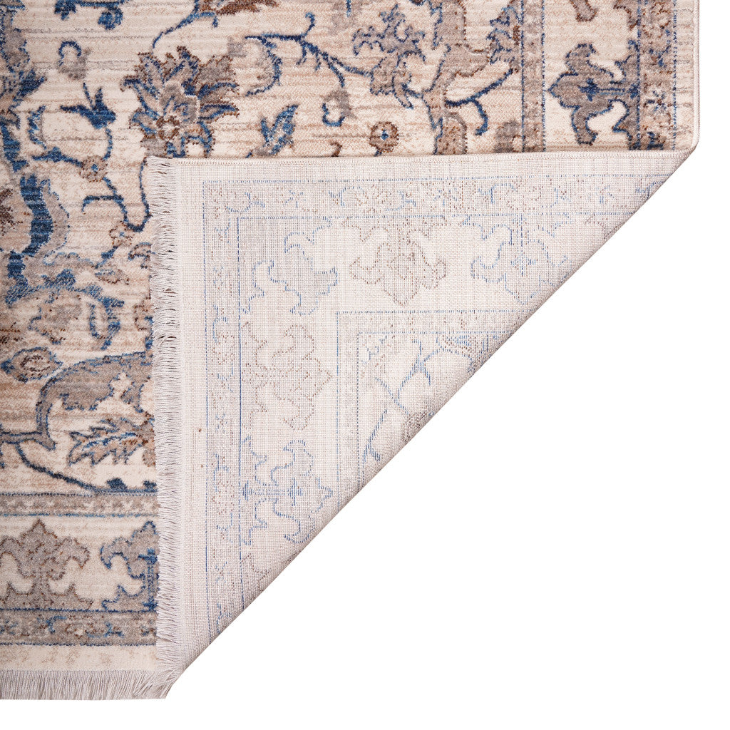 7' X 10' Tan And Blue Oriental Area Rug With Fringe-3