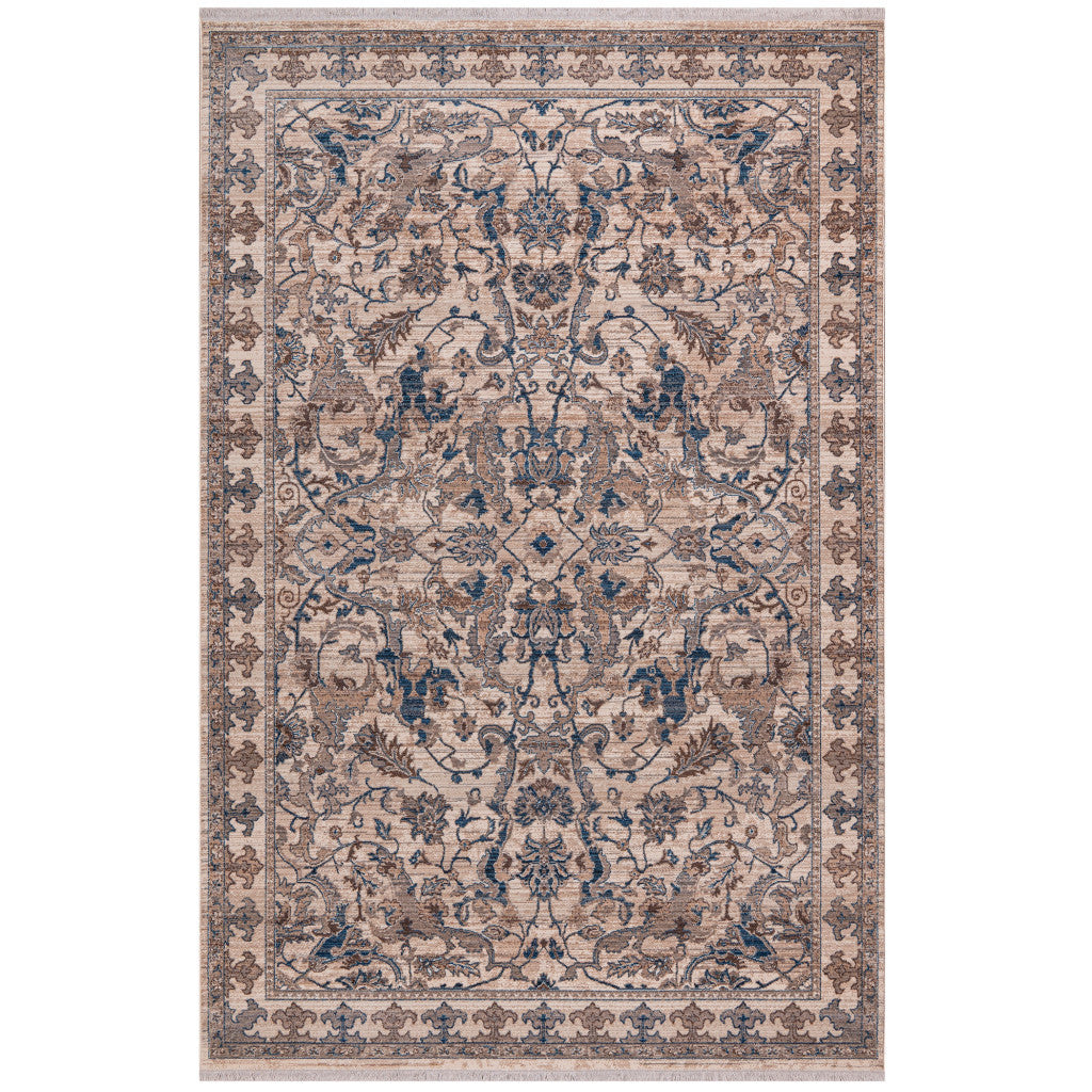 7' X 10' Tan And Blue Oriental Area Rug With Fringe-4