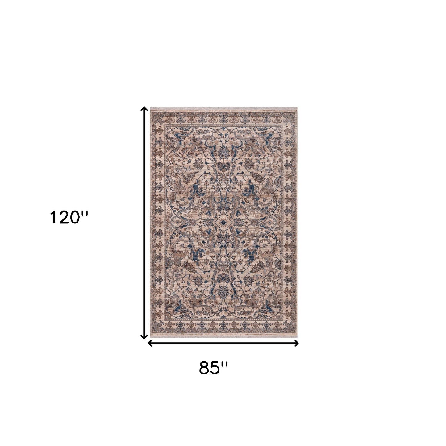 7' X 10' Tan And Blue Oriental Area Rug With Fringe-2
