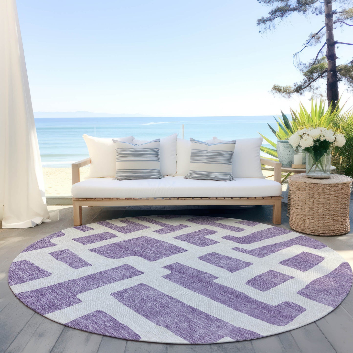 8' Purple And Ivory Round Abstract Washable Indoor Outdoor Area Rug-4