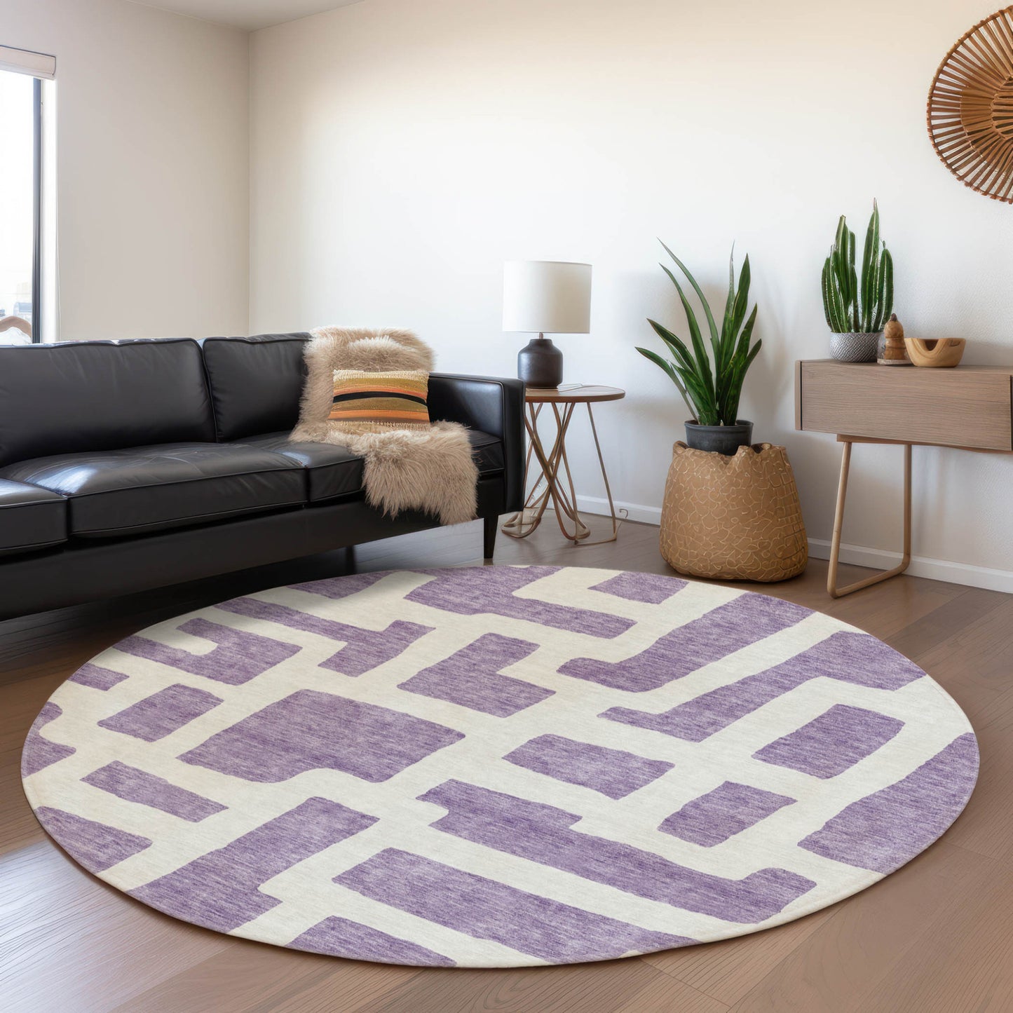 8' Purple And Ivory Round Abstract Washable Indoor Outdoor Area Rug-5