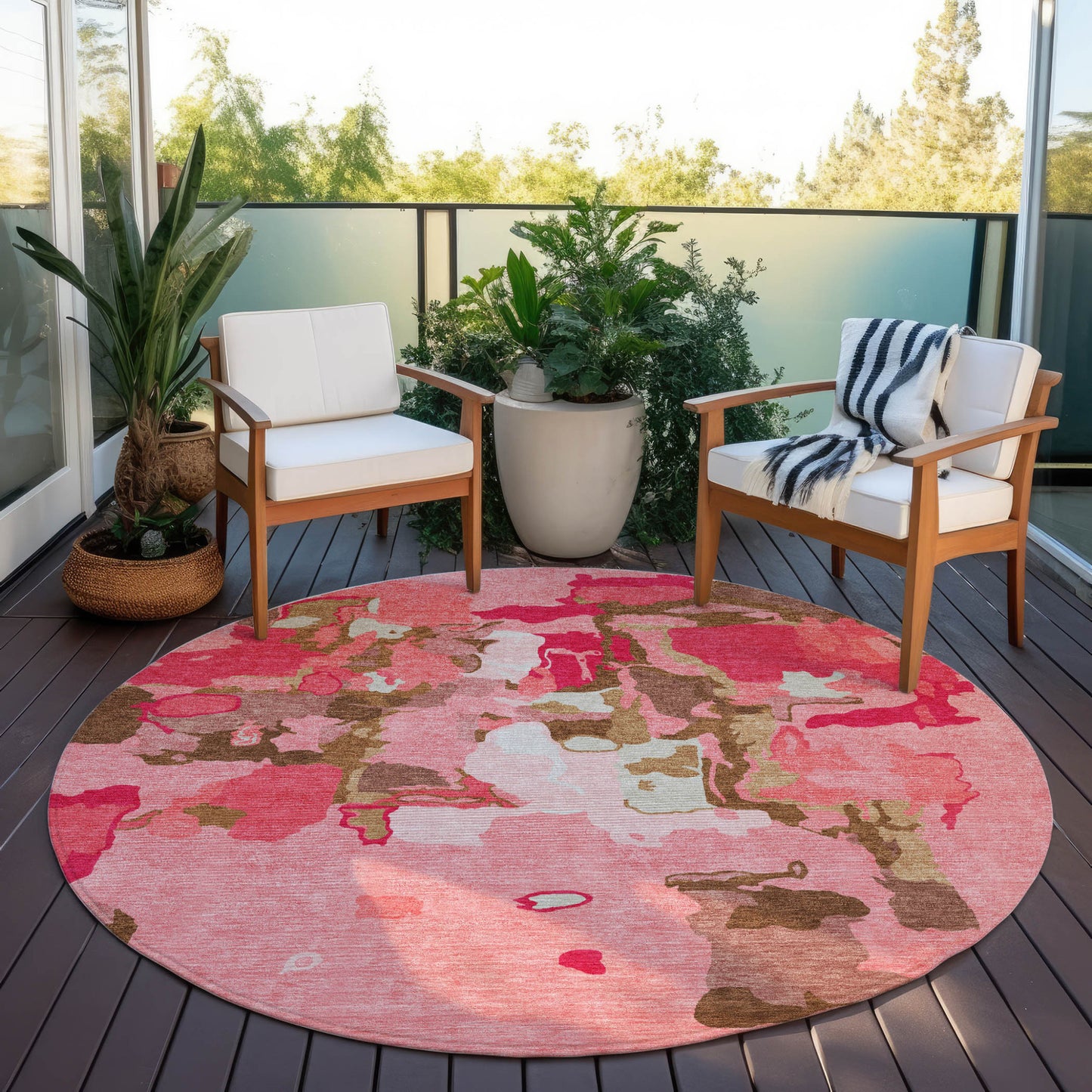 8' Coral Pink And Brown Round Abstract Washable Indoor Outdoor Area Rug-6