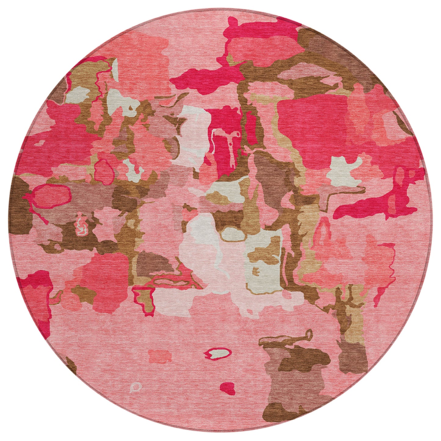 8' Coral Pink And Brown Round Abstract Washable Indoor Outdoor Area Rug-1
