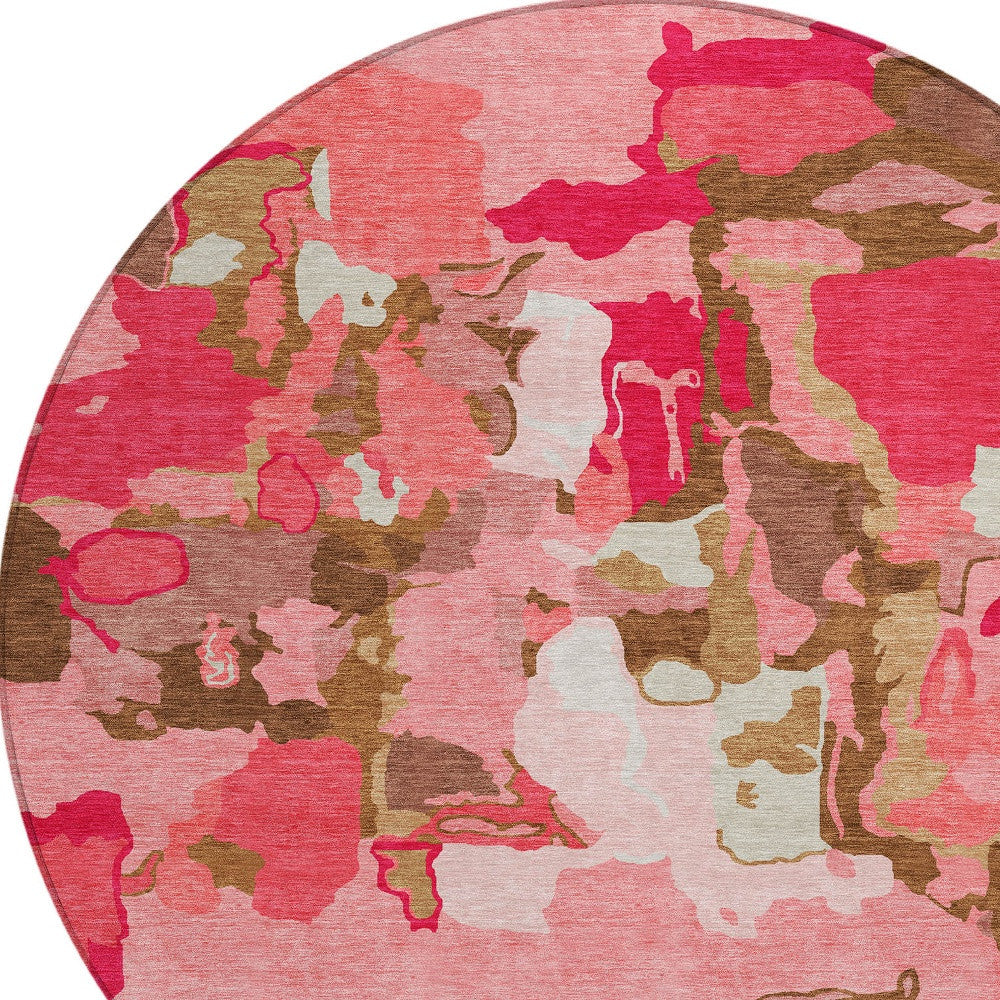 8' Coral Pink And Brown Round Abstract Washable Indoor Outdoor Area Rug-3