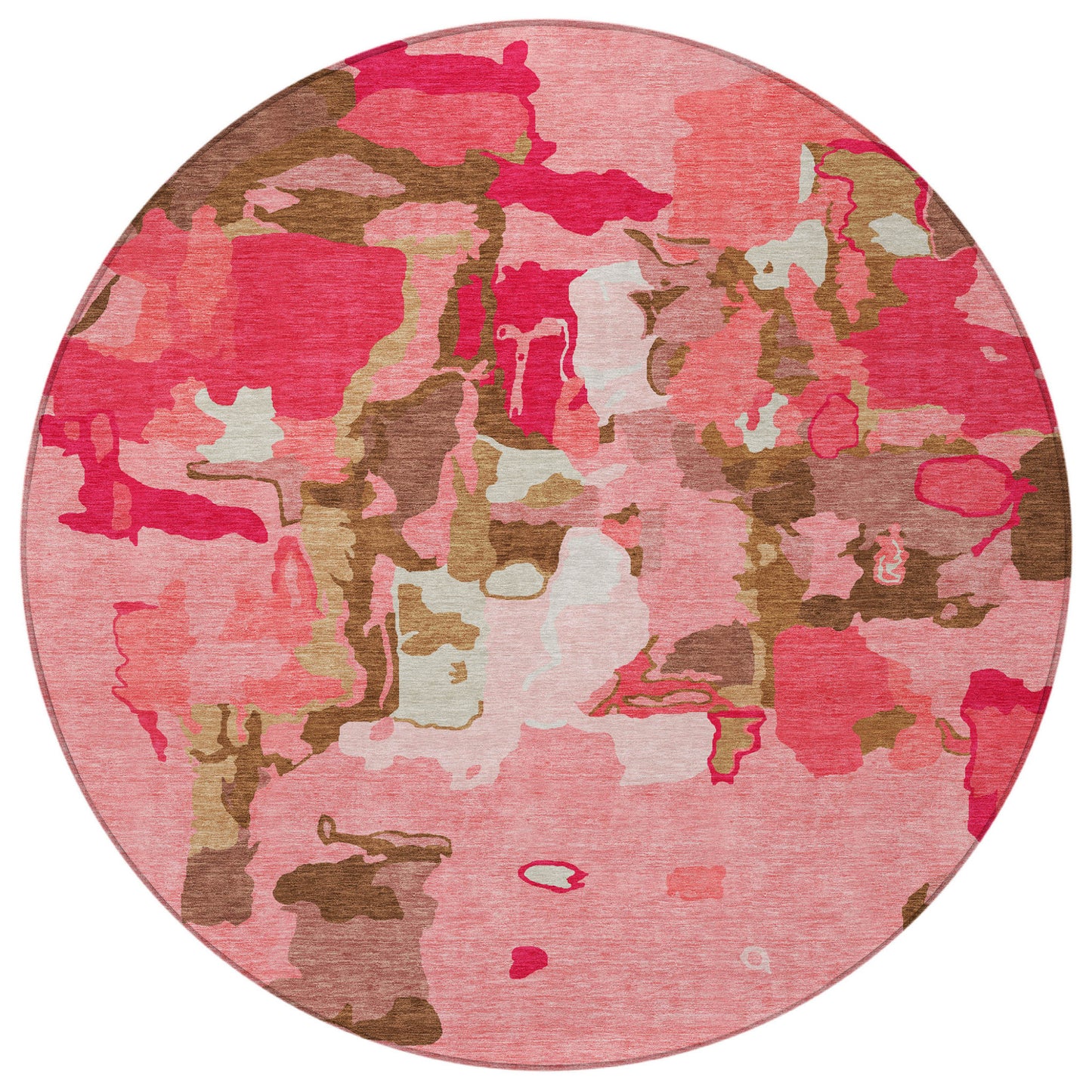 8' Coral Pink And Brown Round Abstract Washable Indoor Outdoor Area Rug-5