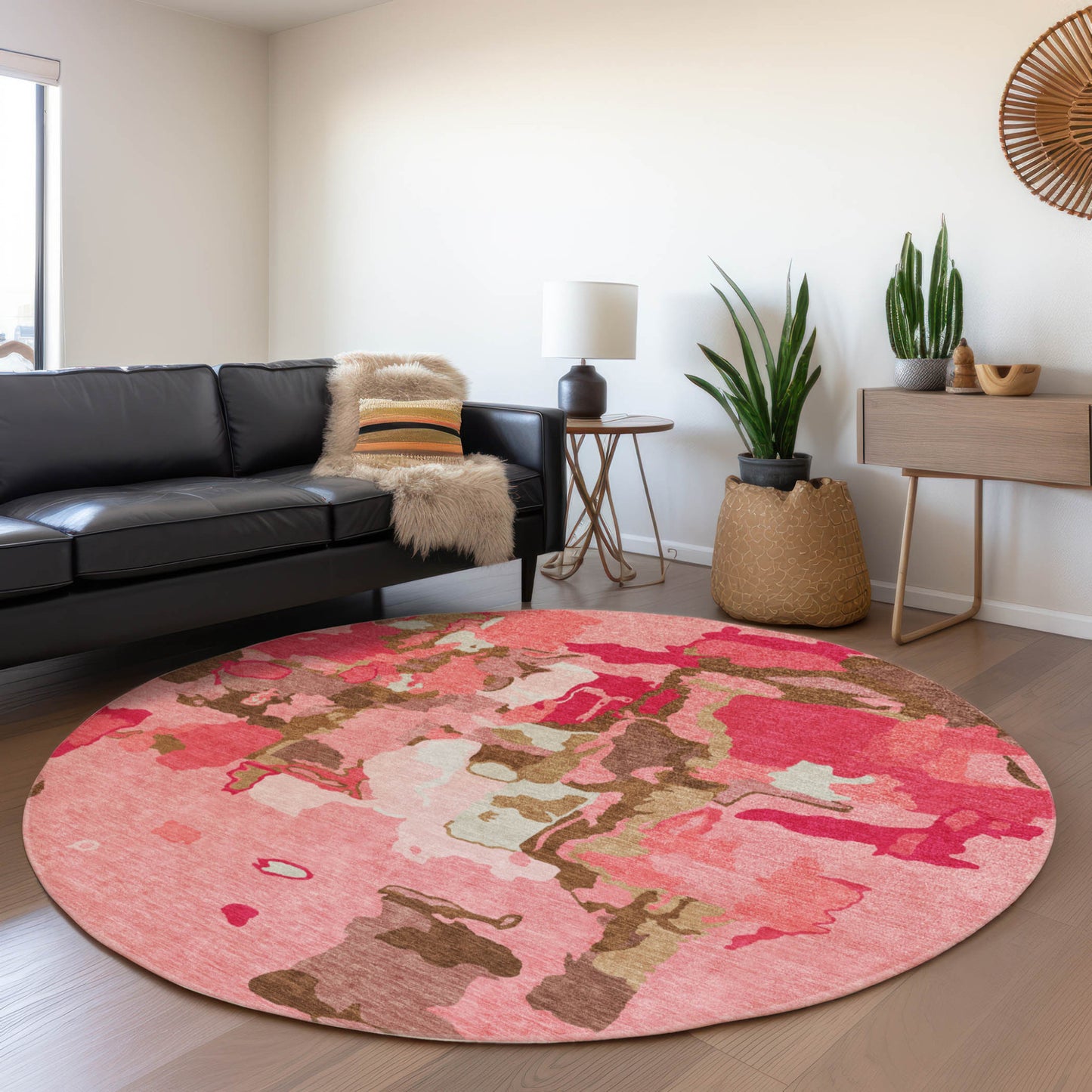 8' Coral Pink And Brown Round Abstract Washable Indoor Outdoor Area Rug-7