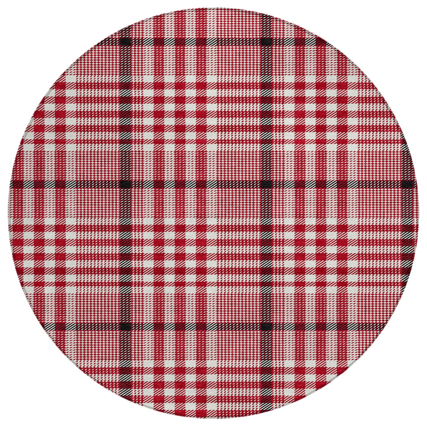 8' Red Black And Ivory Round Plaid Washable Indoor Outdoor Area Rug-1