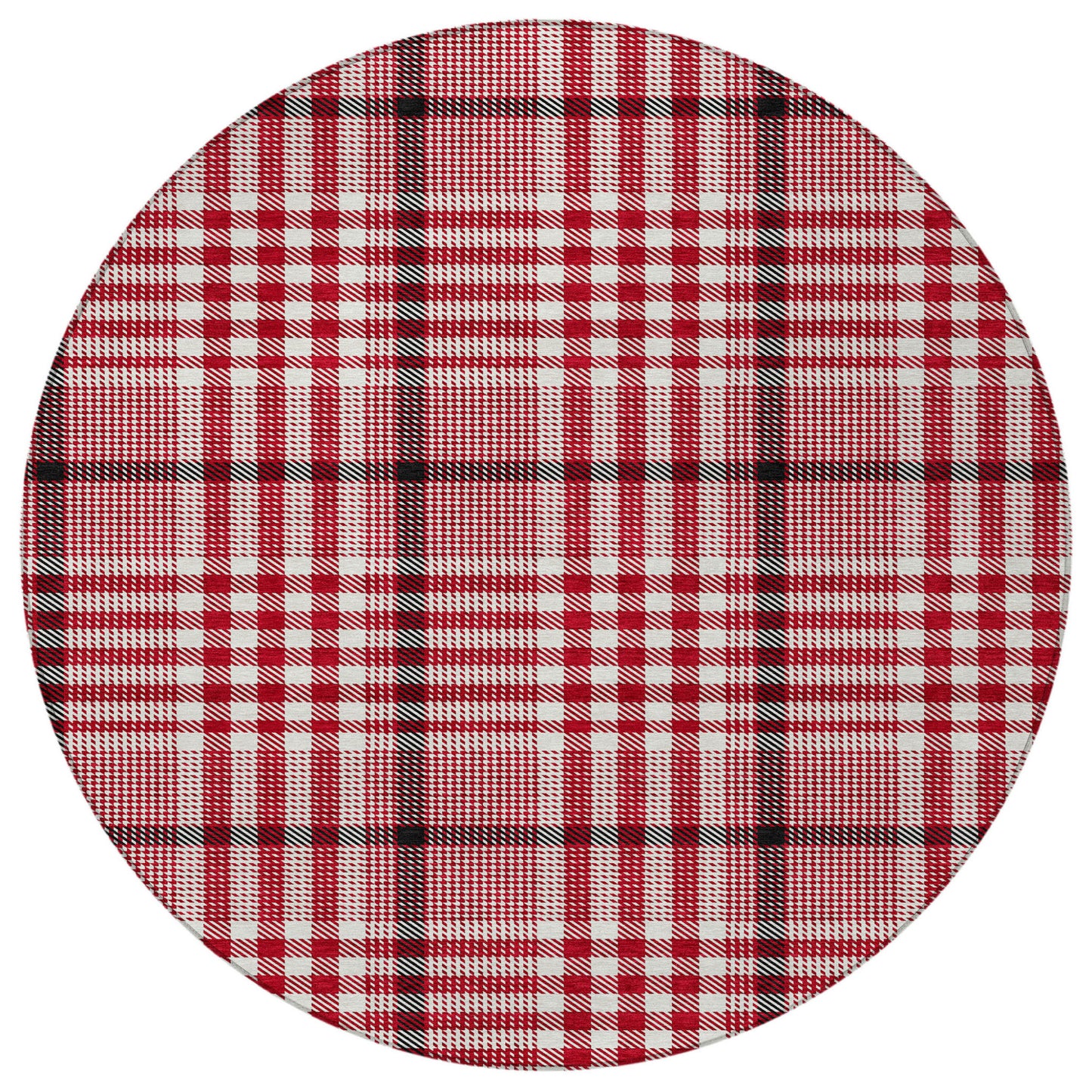8' Red Black And Ivory Round Plaid Washable Indoor Outdoor Area Rug-4
