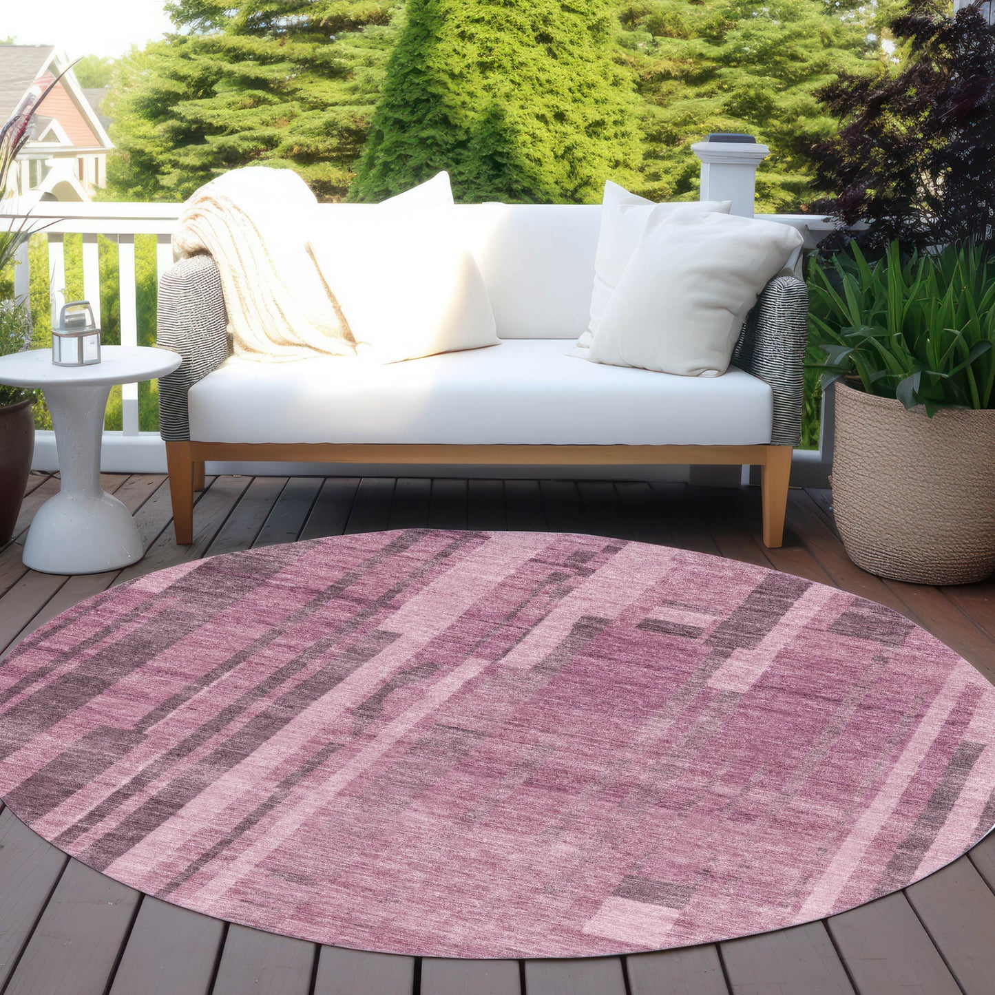8' Blush And Brown Round Striped Washable Indoor Outdoor Area Rug-5