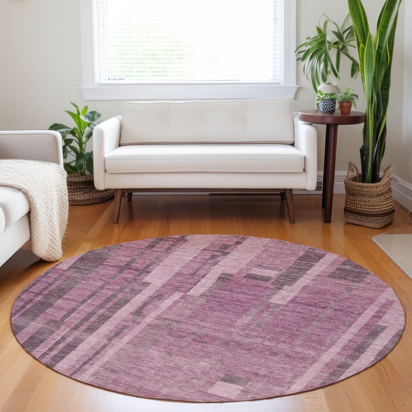 8' Blush And Brown Round Striped Washable Indoor Outdoor Area Rug-6