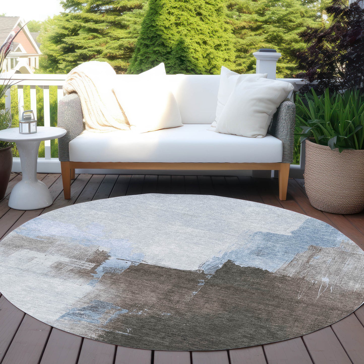 8' Sky Blue And Blue Round Abstract Washable Indoor Outdoor Area Rug-7