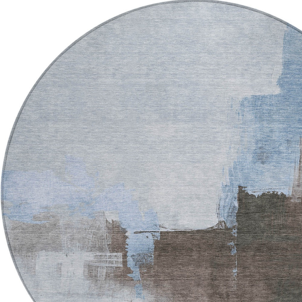 8' Sky Blue And Blue Round Abstract Washable Indoor Outdoor Area Rug-4