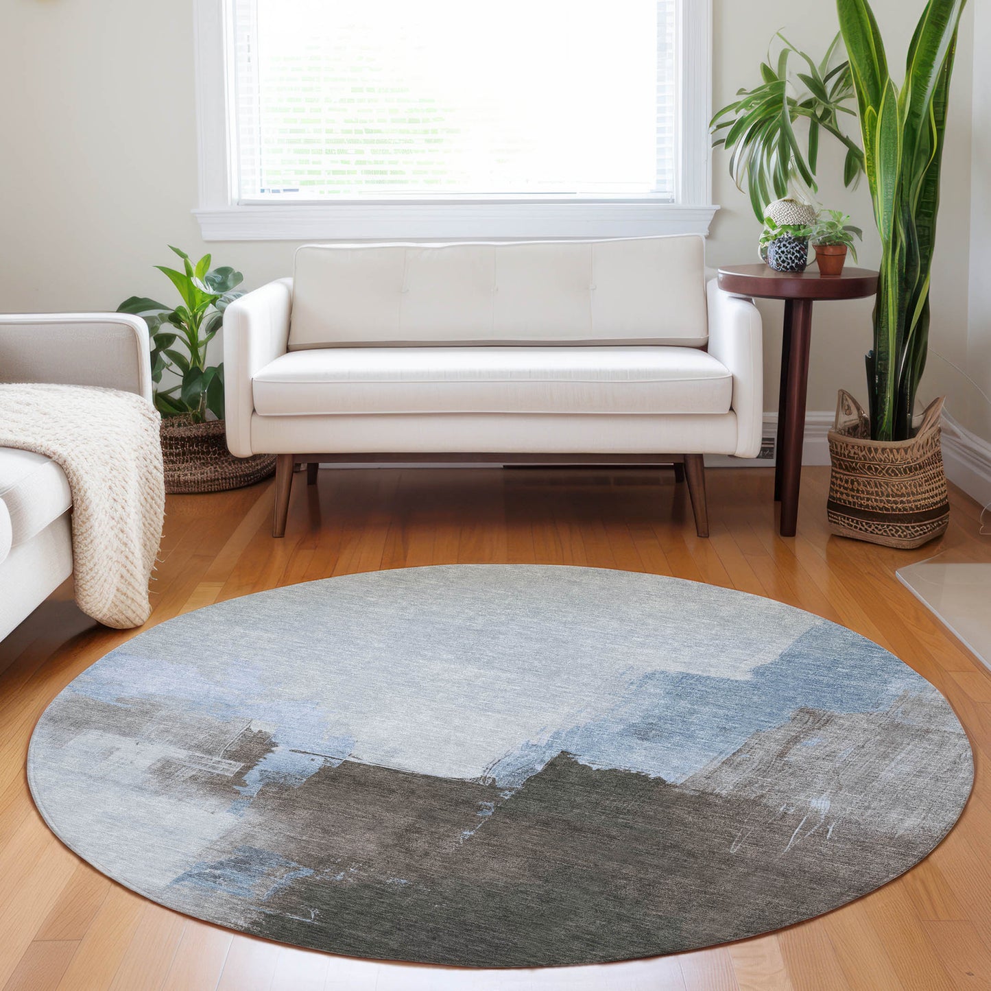 8' Sky Blue And Blue Round Abstract Washable Indoor Outdoor Area Rug-8