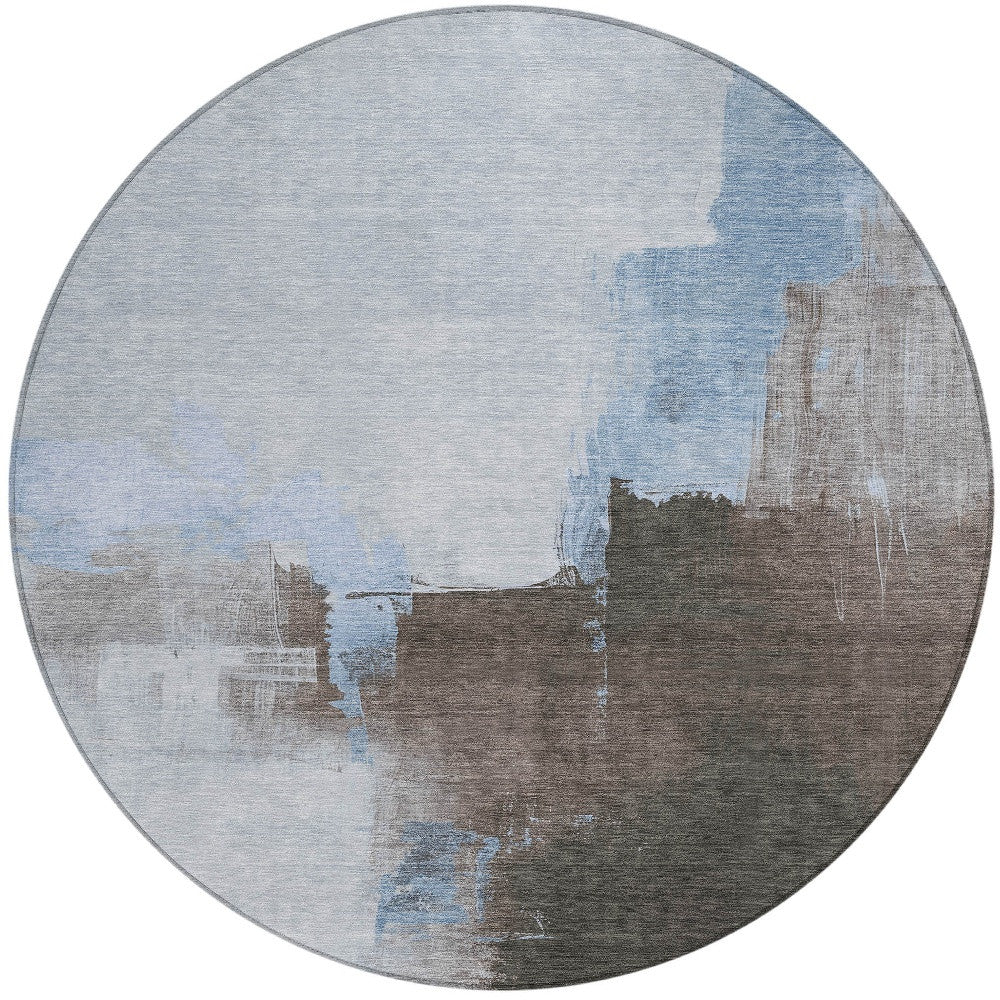 8' Sky Blue And Blue Round Abstract Washable Indoor Outdoor Area Rug-6