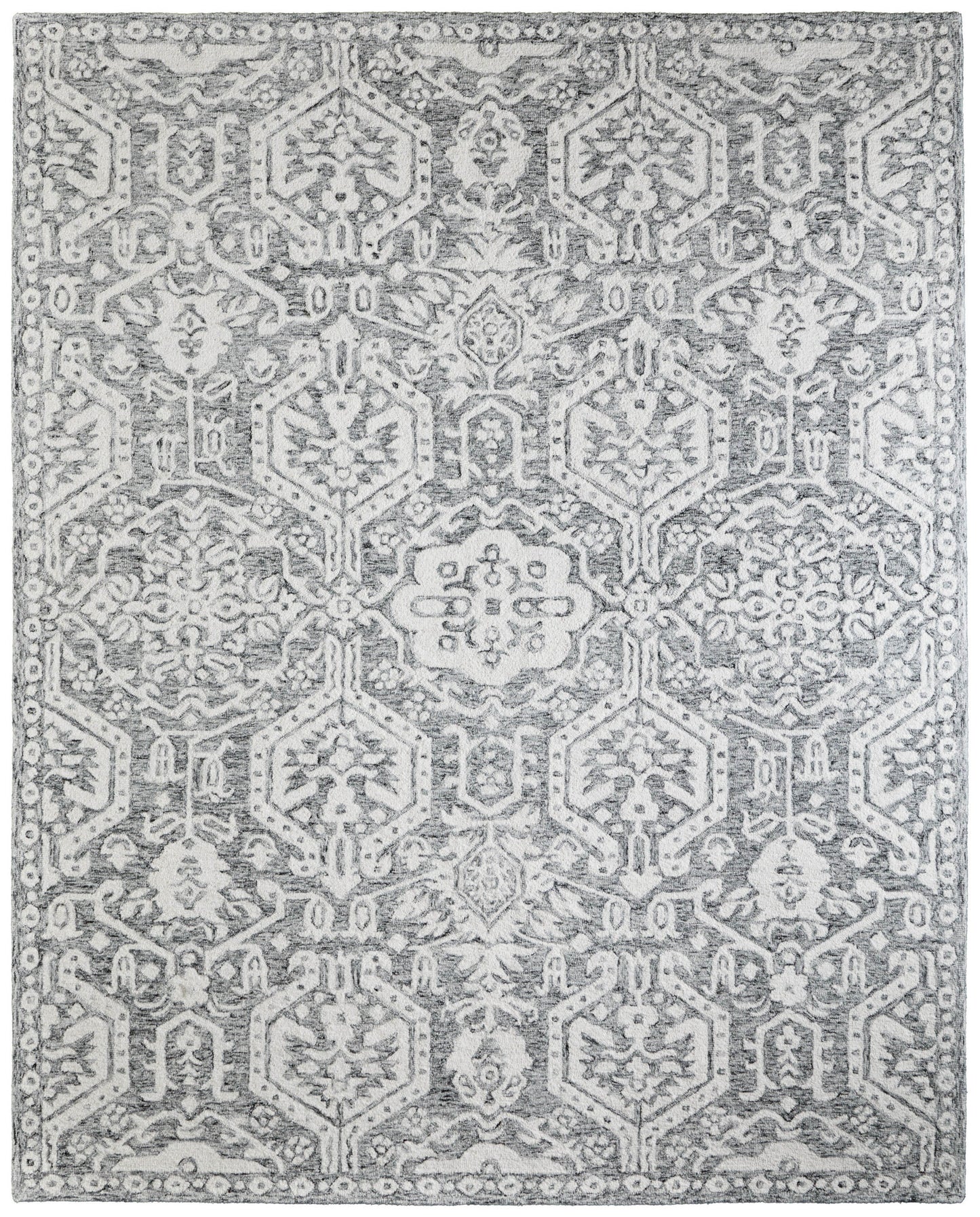 9' X 12' Gray And White Geometric Hand Tufted Area Rug-1