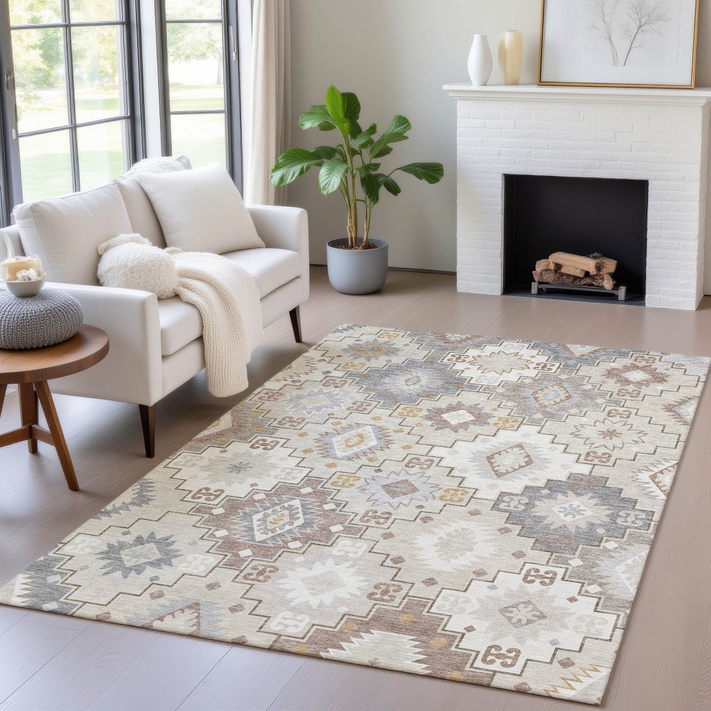 5' X 8' Ivory Gold And Gray Southwestern Washable Indoor Outdoor Area Rug-7