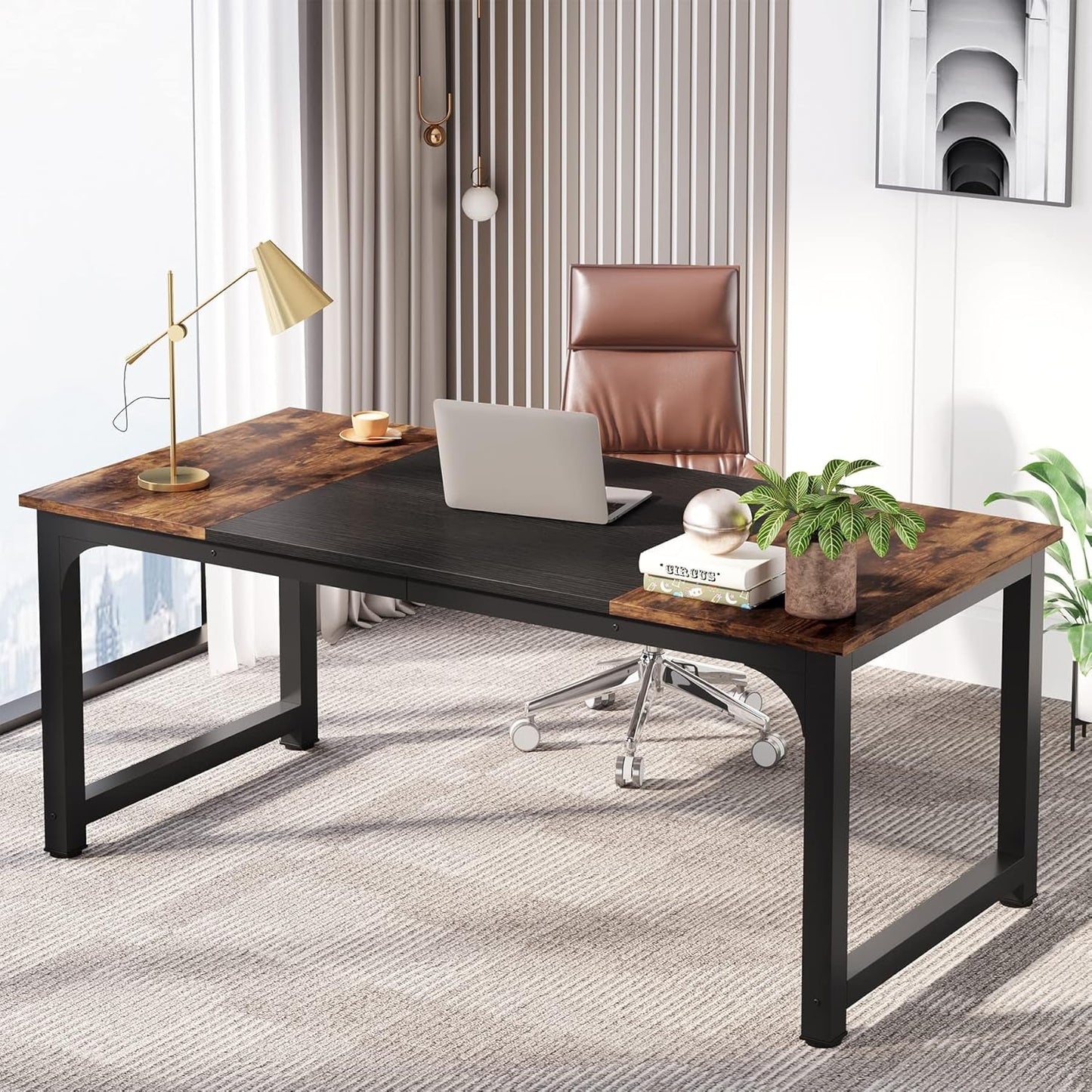 63 Inch Large Executive Computer Office Desk, Brown+Black-3