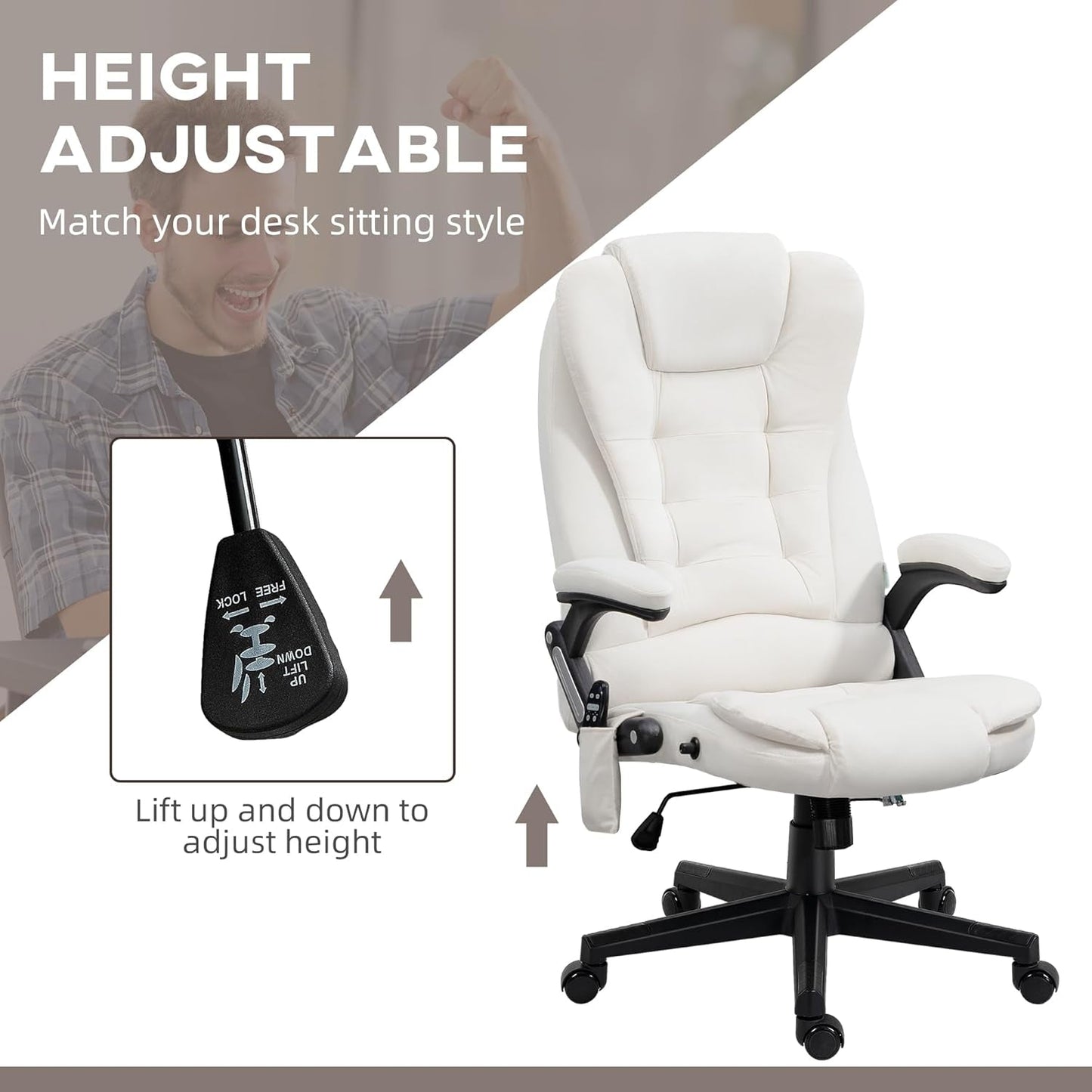 6 Point Vibrating Massage Office Chair with Heat, Velvet High Back Executive Office Chair with Reclining Backrest, Padded Armrests and Remote, Cream White-4