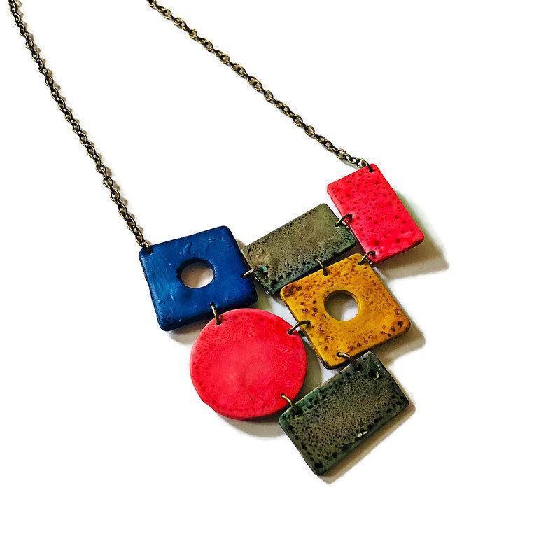 Big Colorful Statement Jewelry Set with Wide Statement Necklace & Long Geometric Earrings-1