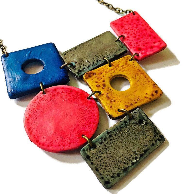 Big Colorful Statement Jewelry Set with Wide Statement Necklace & Long Geometric Earrings-2