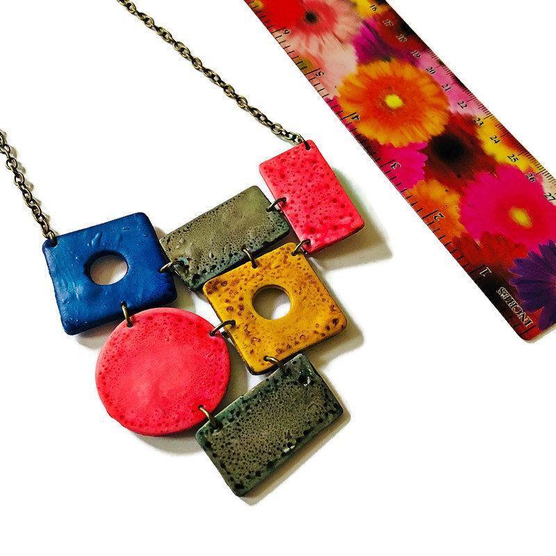 Big Colorful Statement Jewelry Set with Wide Statement Necklace & Long Geometric Earrings-3