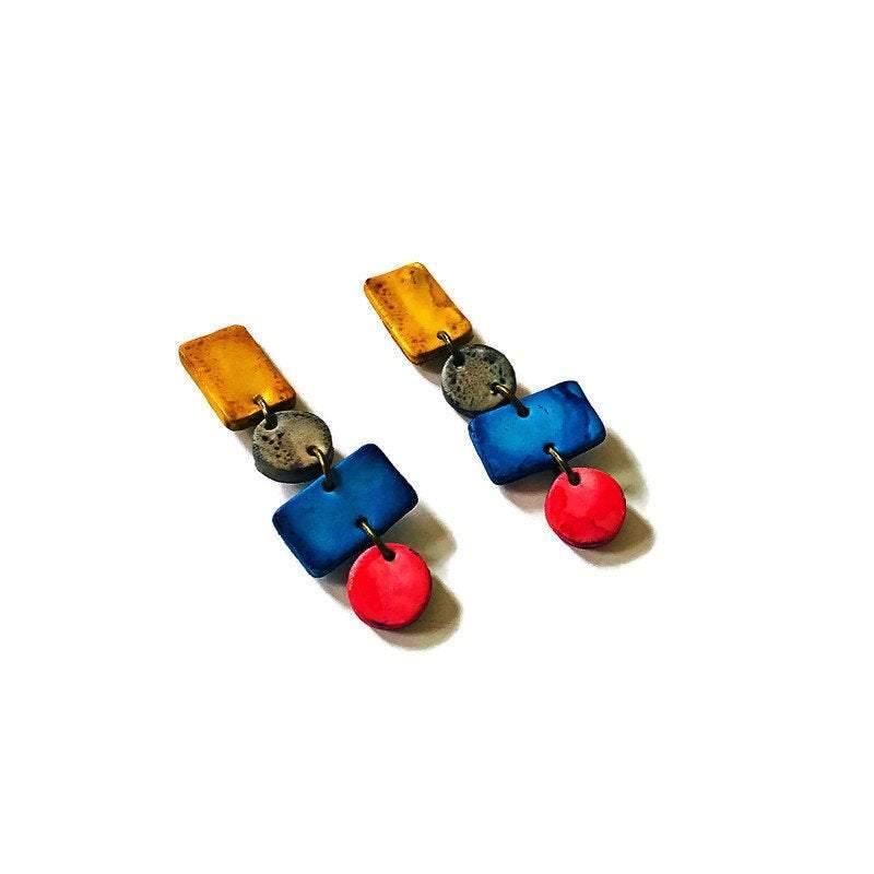 Big Colorful Statement Jewelry Set with Wide Statement Necklace & Long Geometric Earrings-4