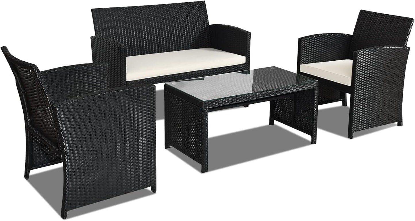 4-Piece Rattan Patio Furniture Set, Outdoor Wicker Conversation Sofa with Weather Resistant Cushions and Tempered Glass Tabletop for Lawn Backyard Pool Garden (White(Black Wicker))-0