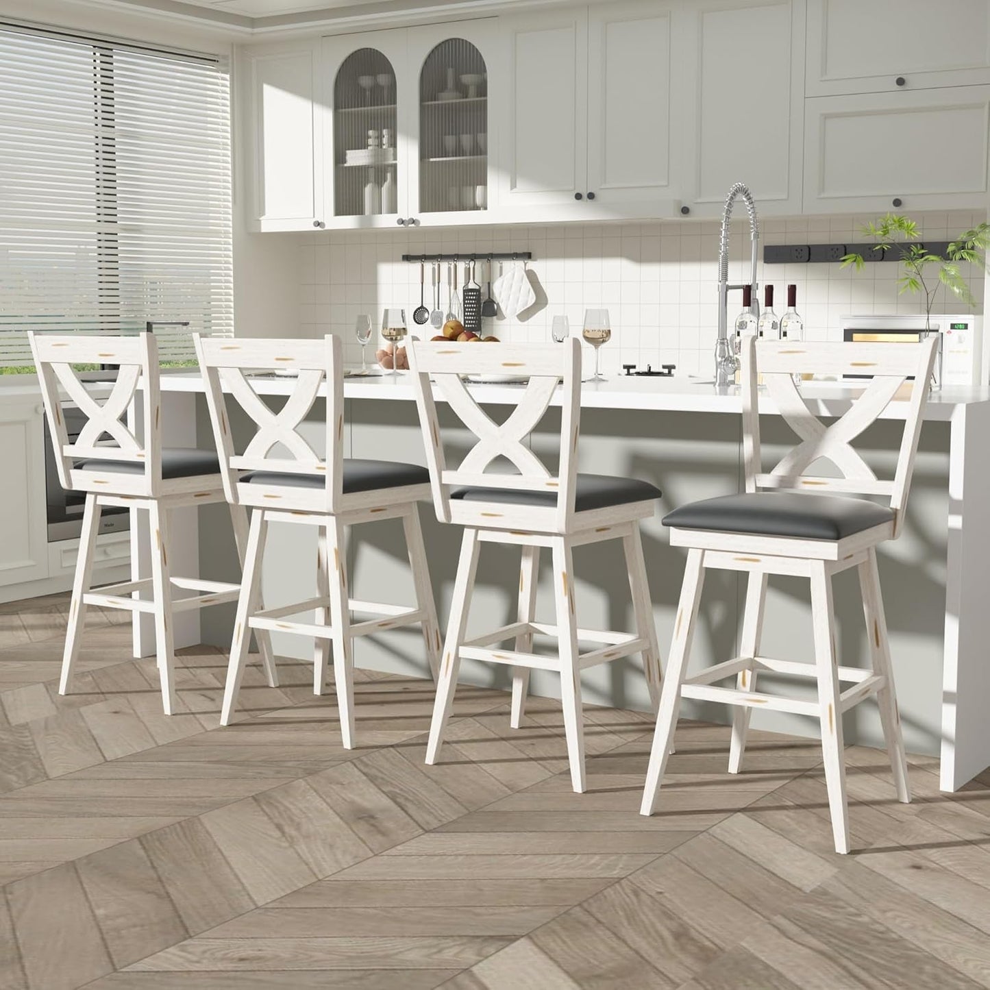 29" Swivel Bar Height Stools, High Back Swivel Bar Stools with Grey Faux Leather Upholstered Seat & Solid Wood Footrest, Counter Bar Chairs for Kitchen Island & Pub (Antique White, Set of 2)-2