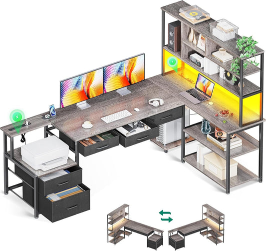 79 Inch L Shaped Desk with File Drawers, Reversible L Shaped Gaming Desk with Power Outlets & LED Lights, Computer Desk with Storage Shelves for Home Office, Grey Oak-0