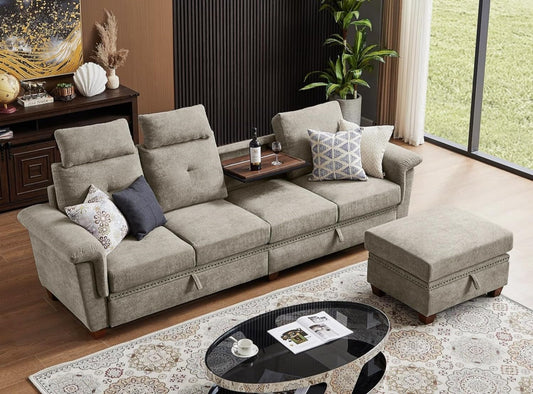 Convertible Sectional Sofa with Storage, 4 Seat L Shaped Couch with Chaise and Cup Holder, Modern Microfiber Fabric Sofas Couches for Living Room, Apartment, Office (Beige)-0