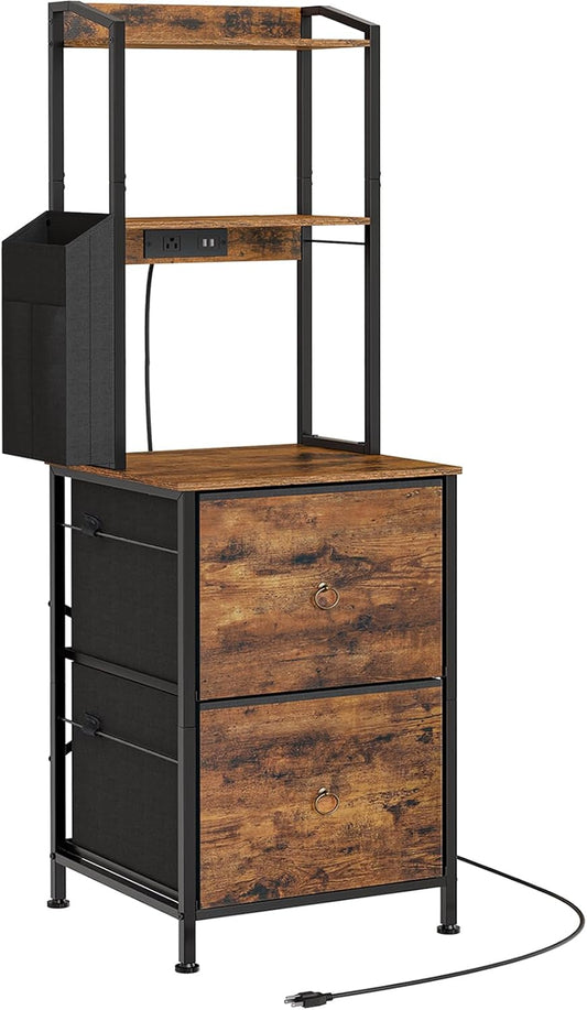 2-Drawer File Cabinet, Filing Cabinet with Charging Station, 3-Tier Tall Office Cabinet with Open Shelf, Filing Cabinet for Home Office, A4/Letter-Sized Files, Rustic Brown and Black BF24UWJ01-0